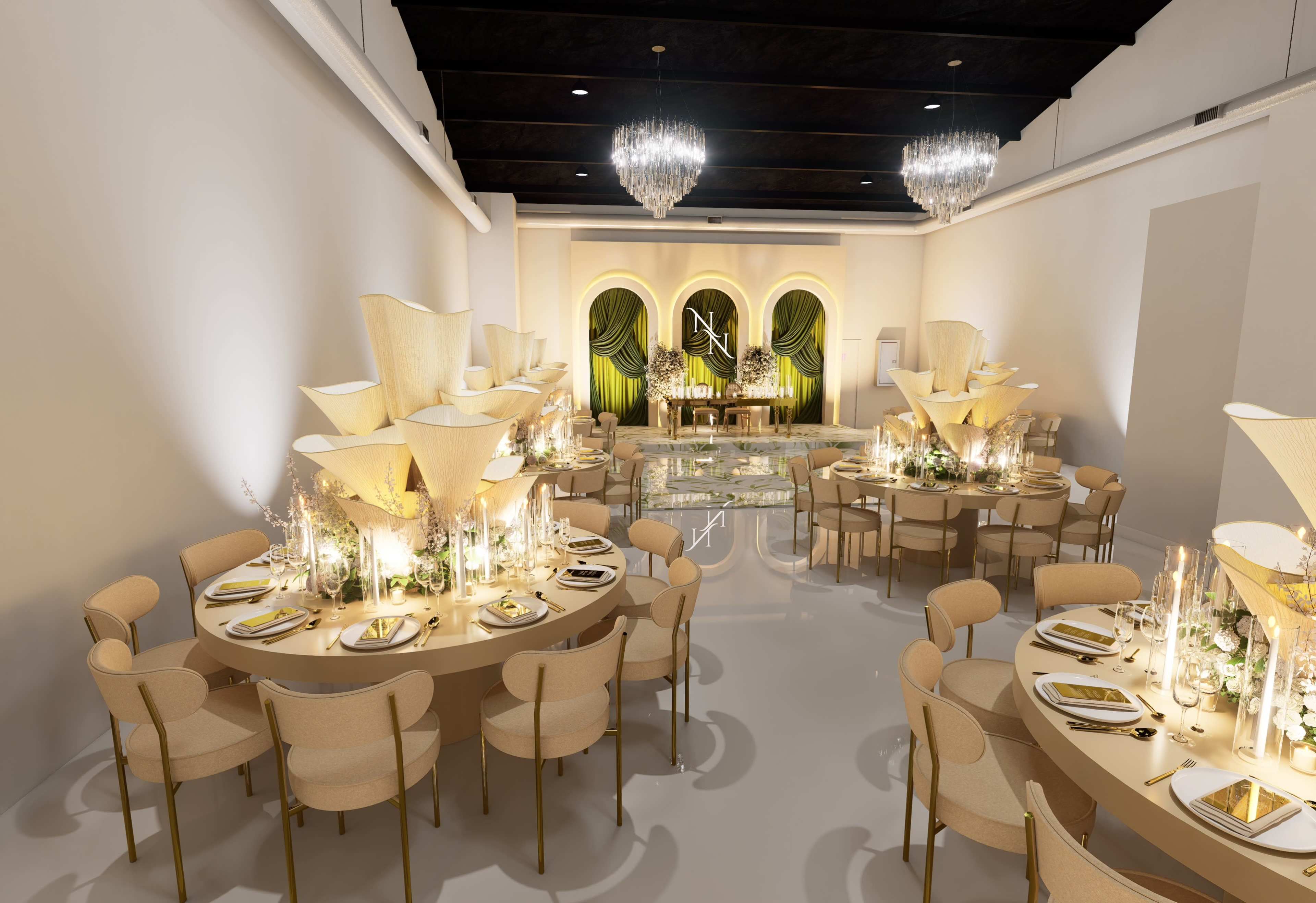 The image depicts an elegantly arranged banquet hall featuring round tables with gold accents, surrounded by floral centerpieces and soft lighting, complemented by a stage at the front.