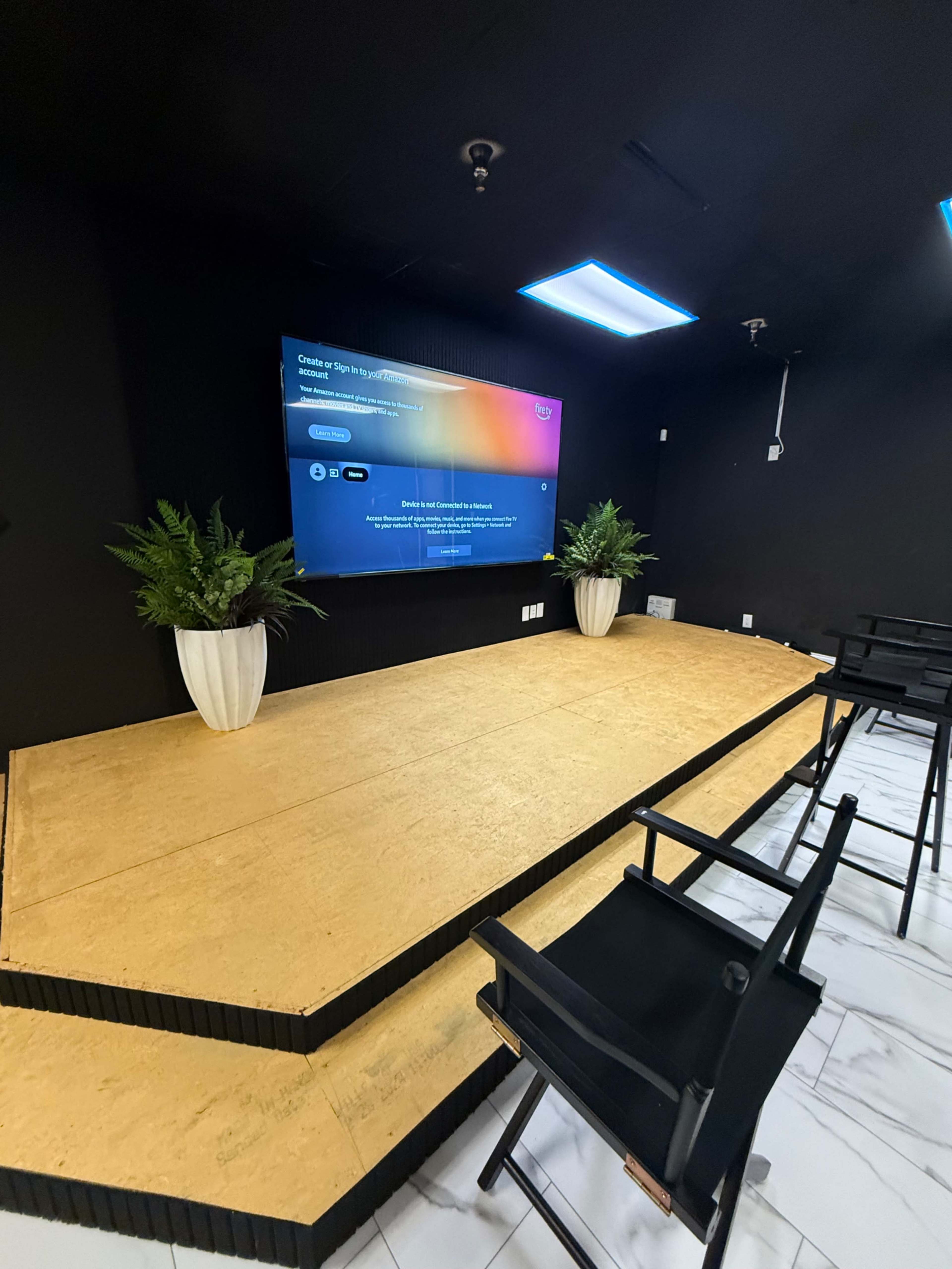 The image shows a black-walled presentation area with a large screen at the front, surrounded by two potted plants, and a few director's chairs positioned on a raised platform.