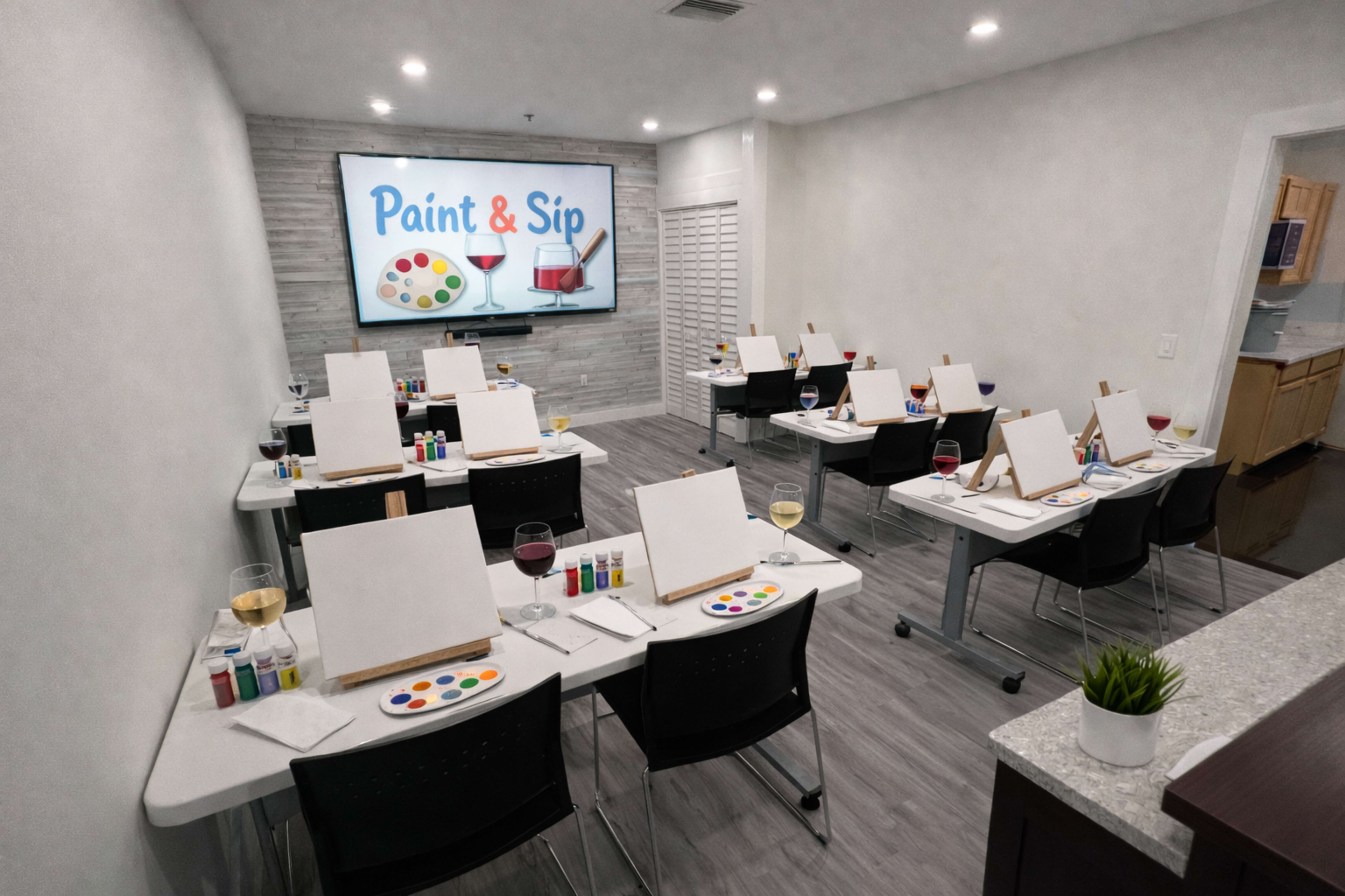The image shows a spacious art studio set up for a paint and sip event, with rows of tables equipped with easels, paint supplies, and drinks.