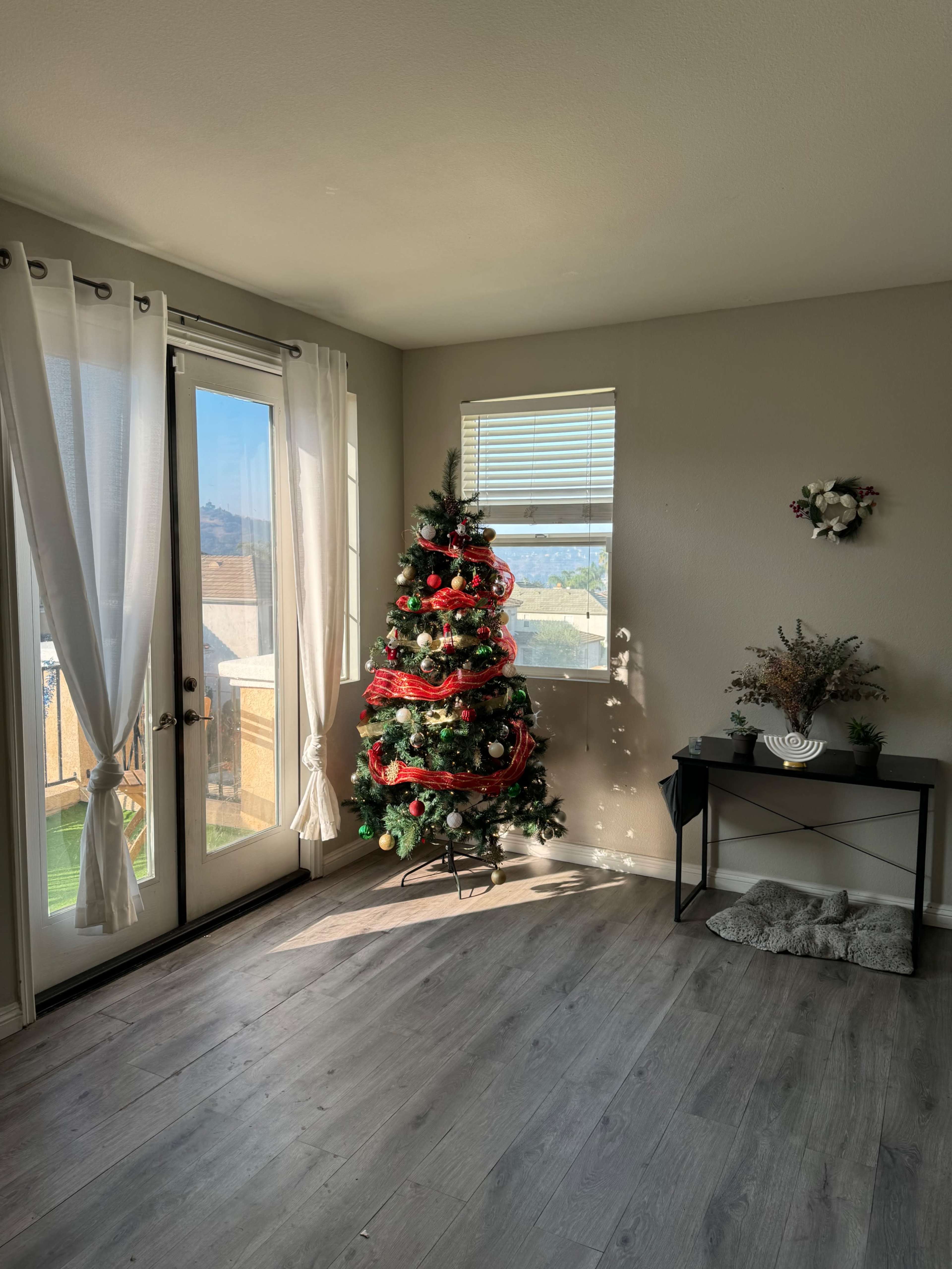 A decorated Christmas tree stands in a sunlit corner of a room near a set of glass doors.