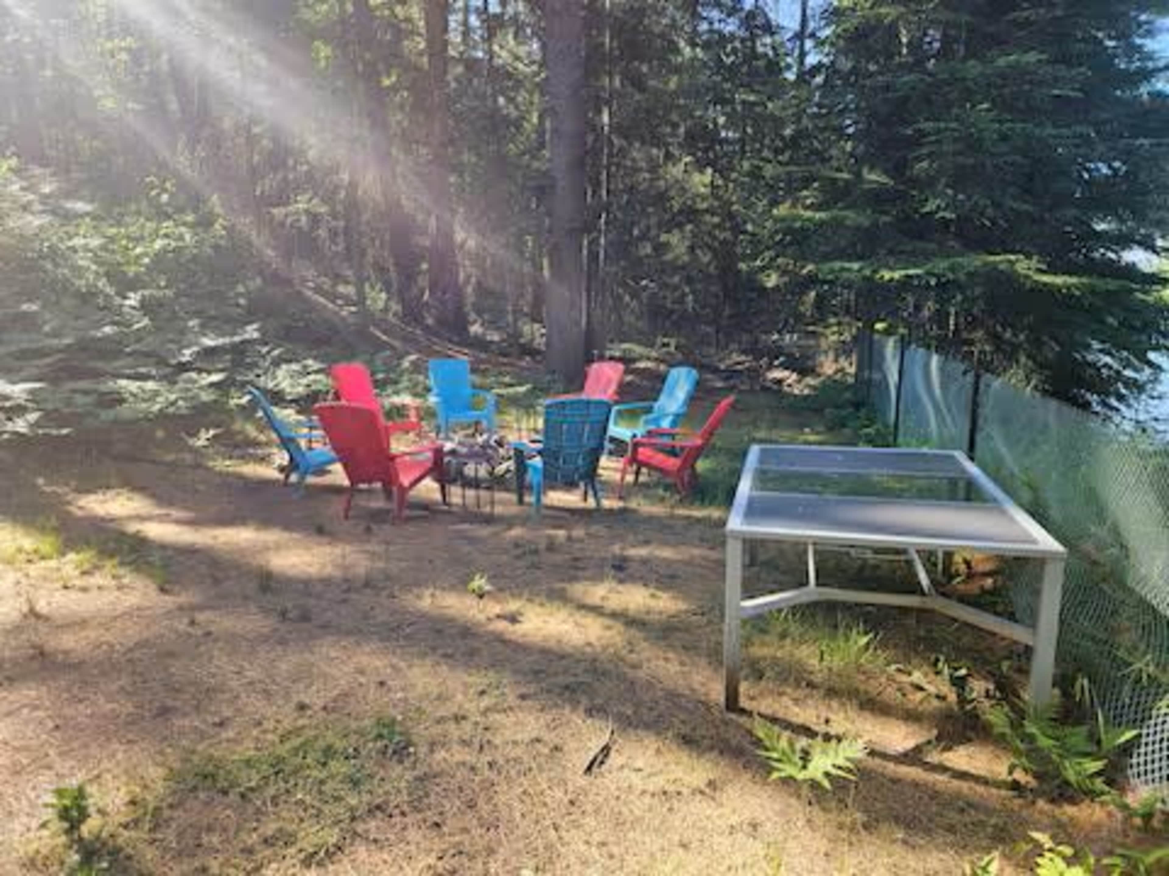 A circle of brightly colored adirondack chairs surrounds a fire pit in a forested backyard, with a table nearby.