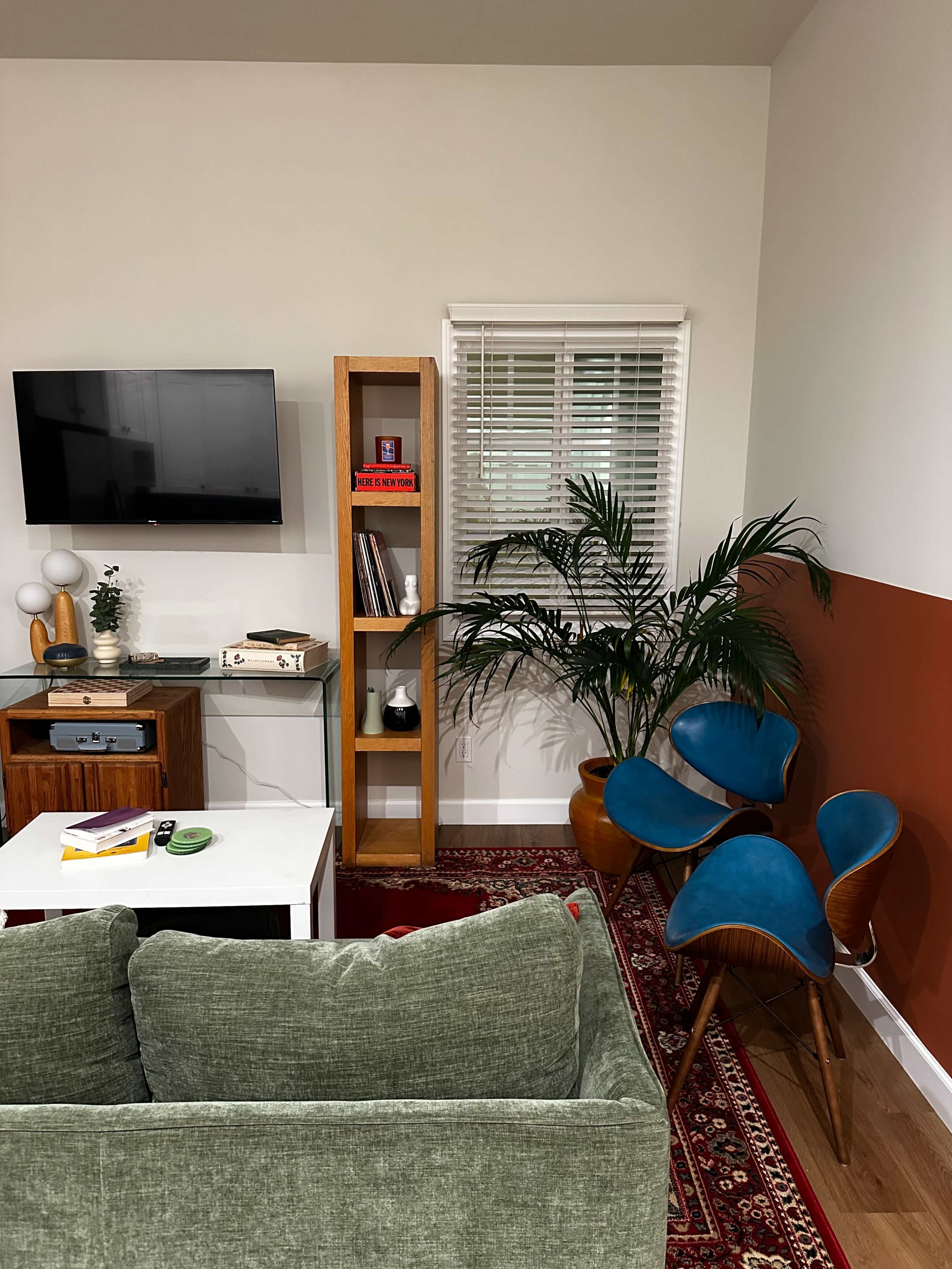 The image shows a cozy living room with a green sofa, a white coffee table, a television mounted on the wall, a bookshelf, and a potted plant in a corner.