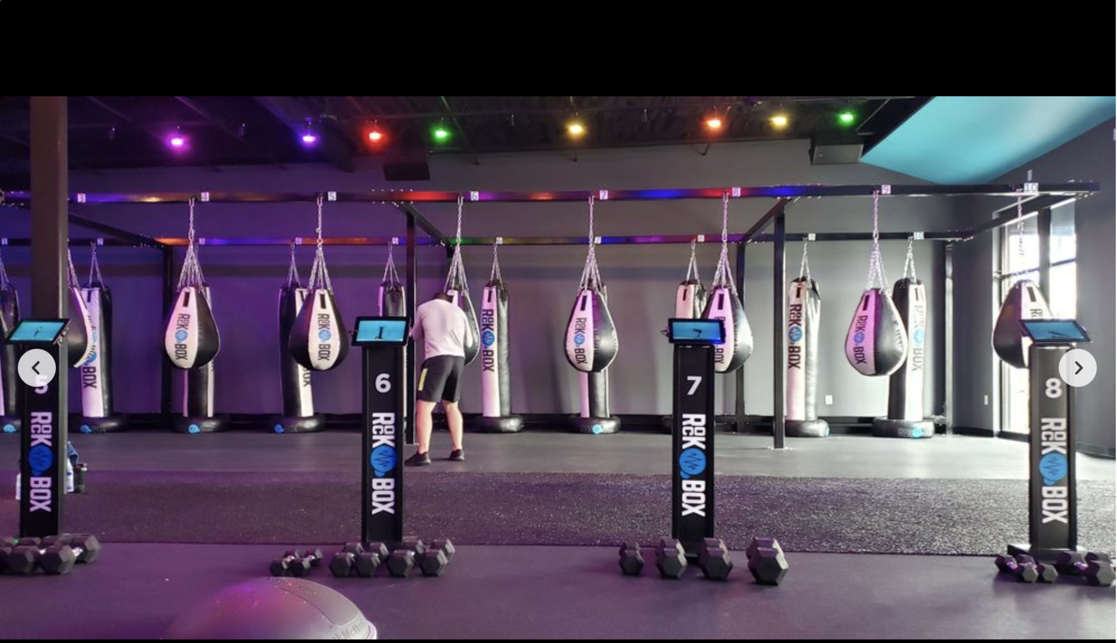 A fitness studio features multiple boxing bags suspended from the ceiling, with numbered stations in front of them.
