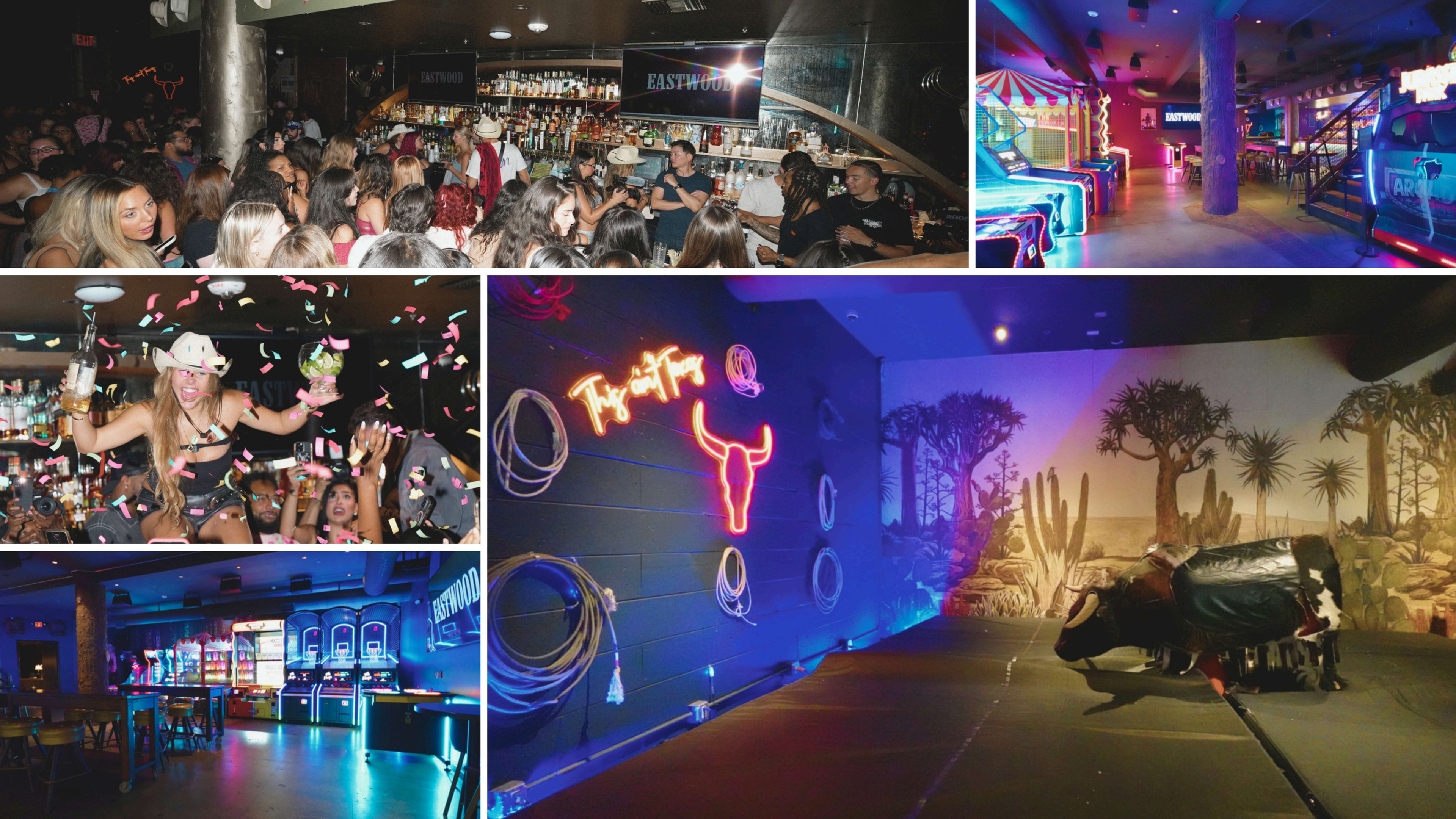 The image features a vibrant nightlife scene with groups of people enjoying themselves at a bar, neon lights illuminating an arcade area, a dance floor with a mechanical bull, and a festive atmosphere complete with confetti.