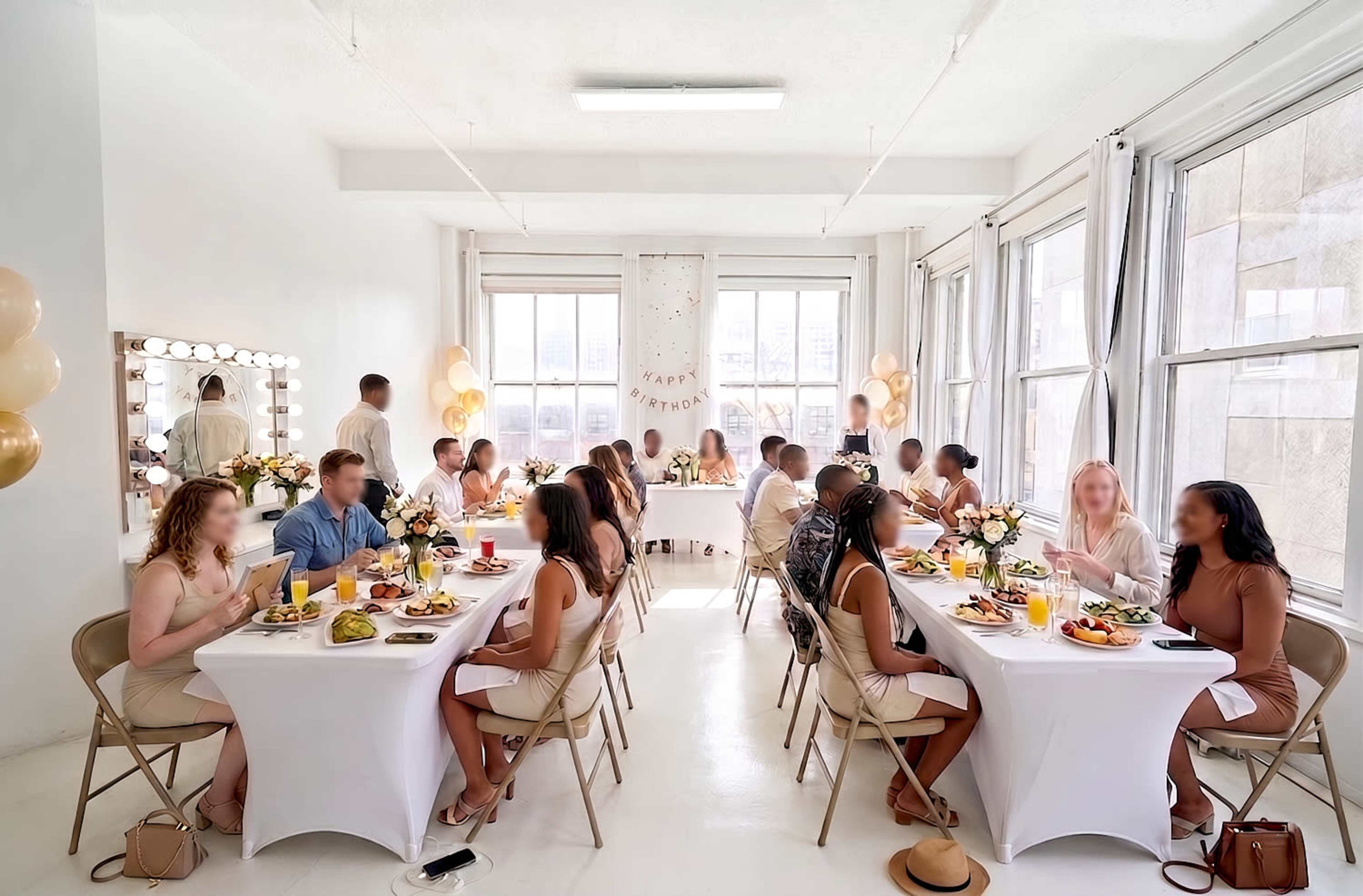 A group of people seated at two long tables adorned with white tablecloths, enjoying a meal in a bright, airy event space decorated with balloons and floral centerpieces.