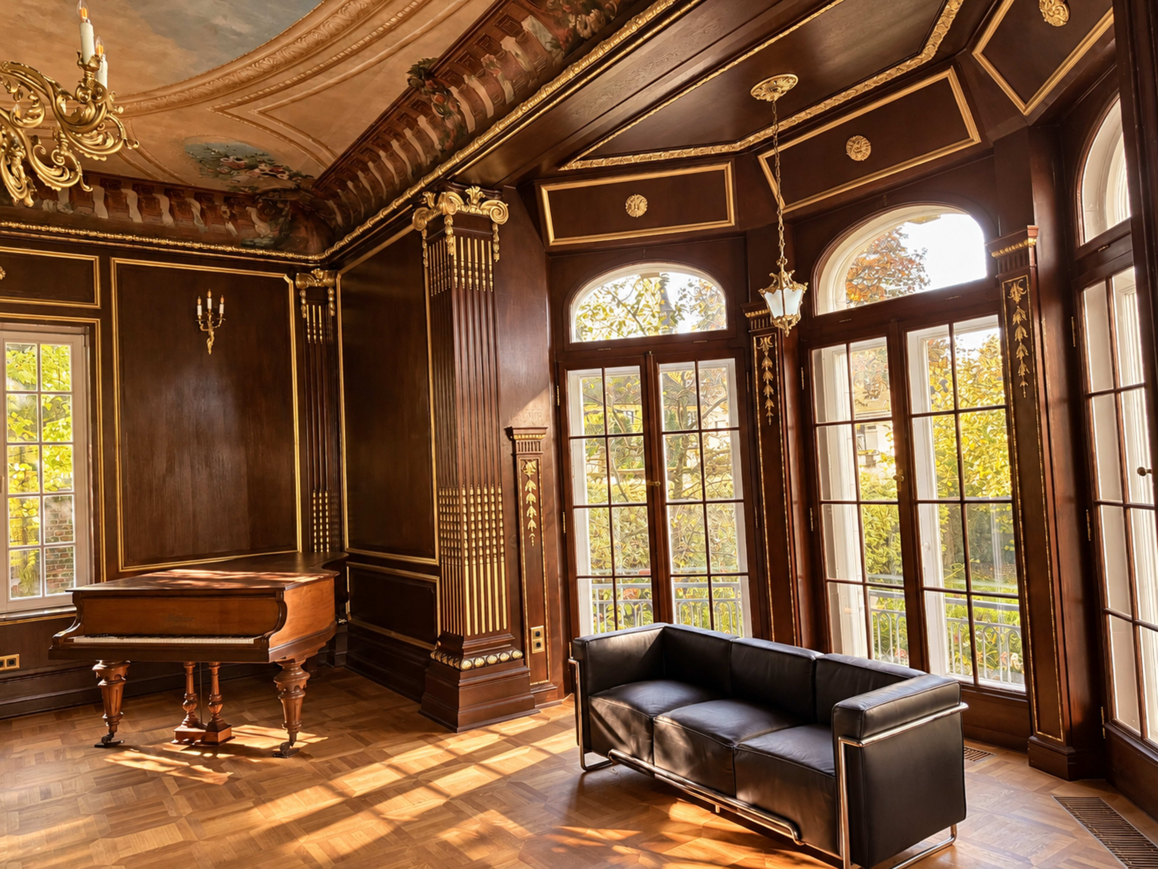 A grand room features dark wooden walls, large windows with natural light, a piano, and a black sofa.