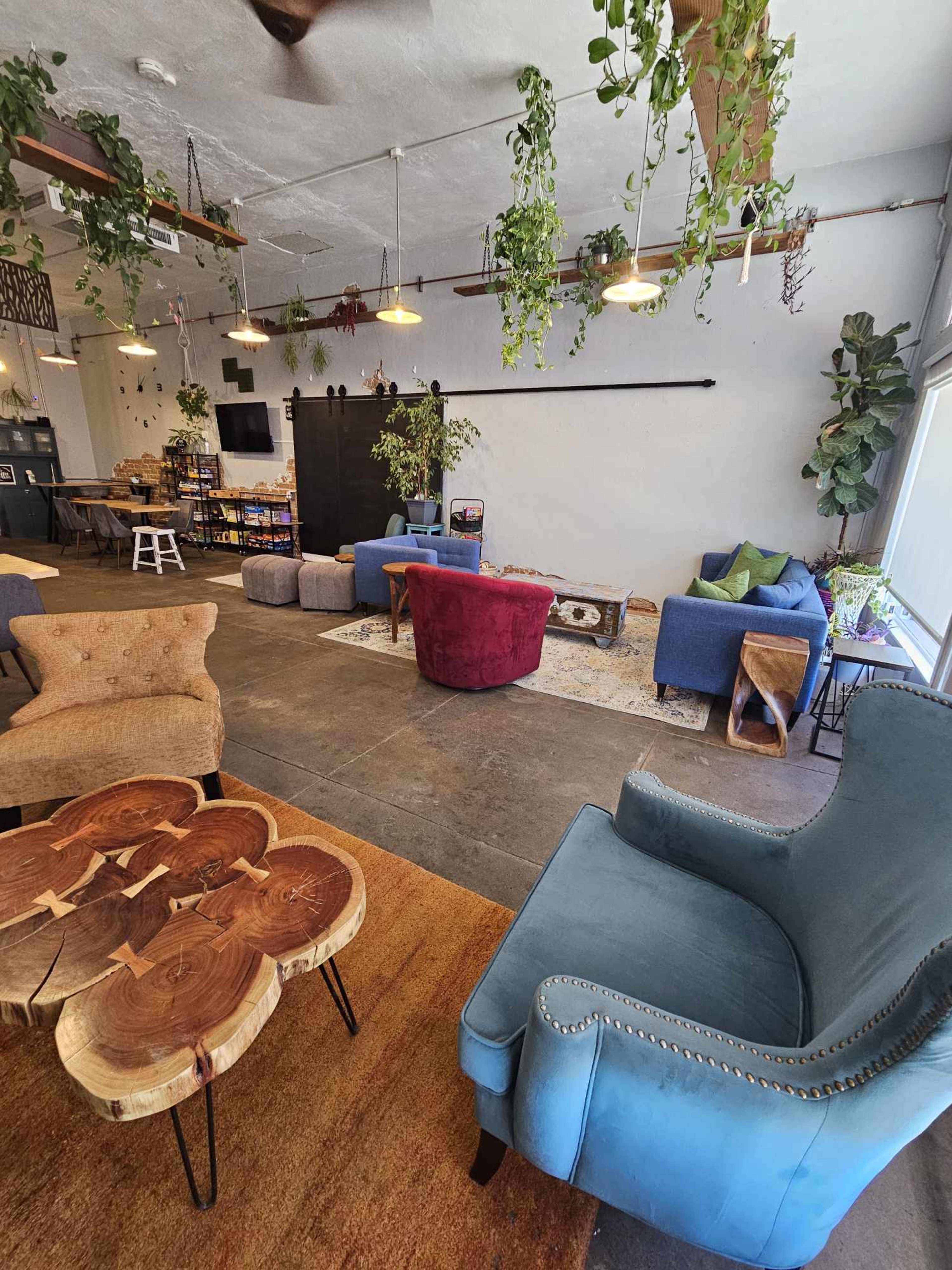 The image shows a cozy lounge area with various seating options, plants hanging from the ceiling, and wooden tables.