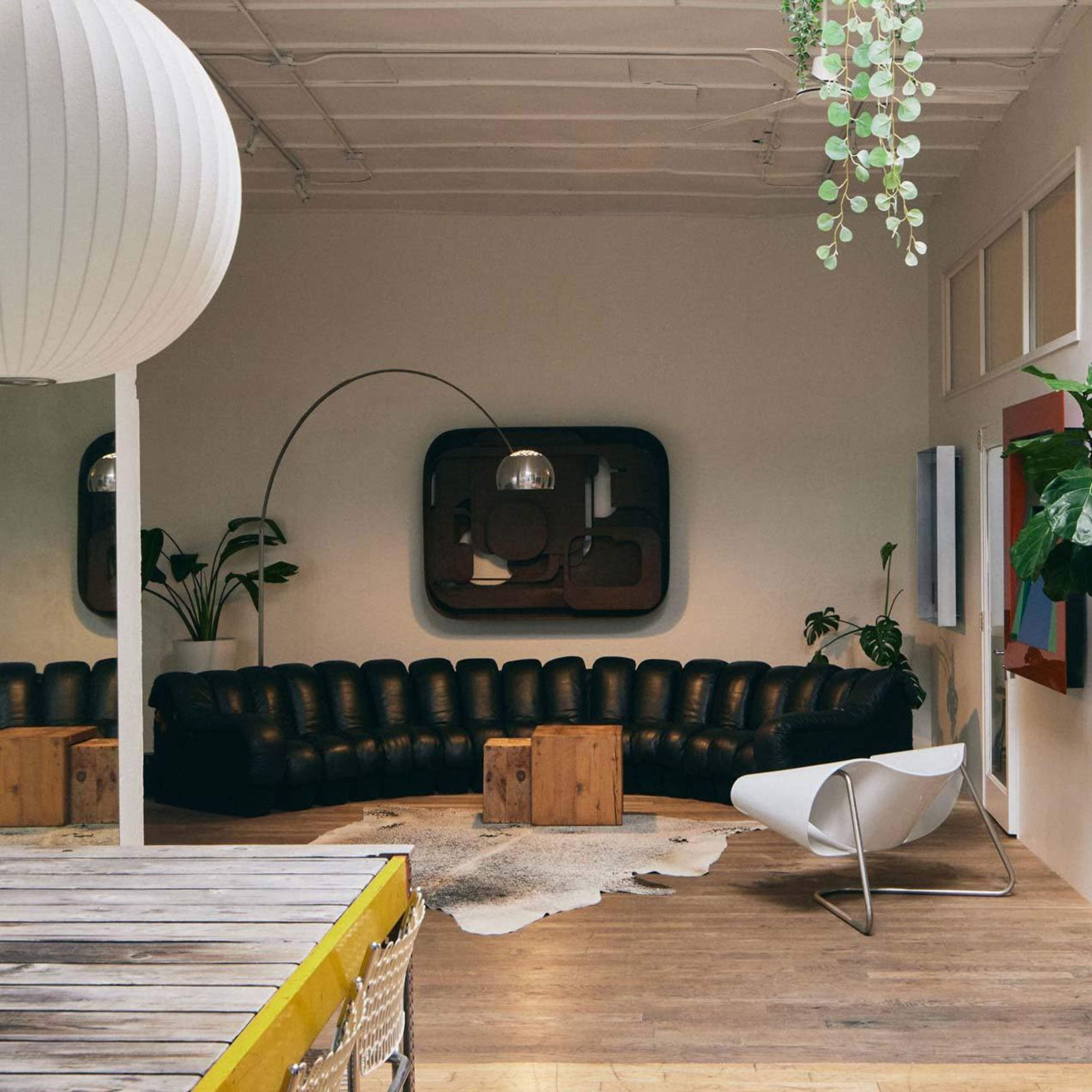 The image shows a spacious room with a curved black leather sofa, a large floor lamp, a wooden coffee table, and various plants, all set against neutral-colored walls and wooden flooring.