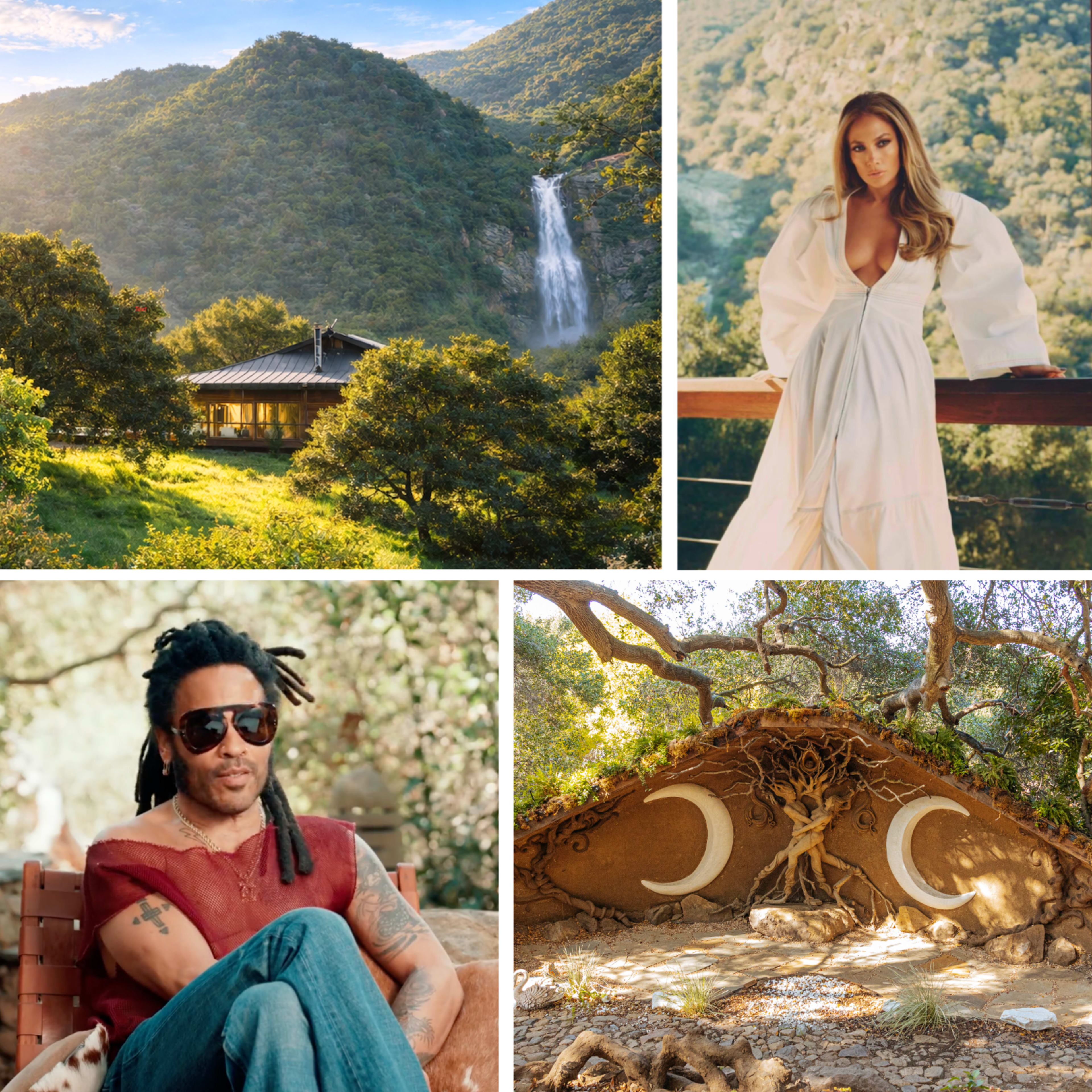 The image features a collage with a lush mountainous landscape and a waterfall, a woman in a white dress on a balcony, a man with dreadlocks wearing sunglasses, and a unique architectural structure integrated into nature with crescent shapes.