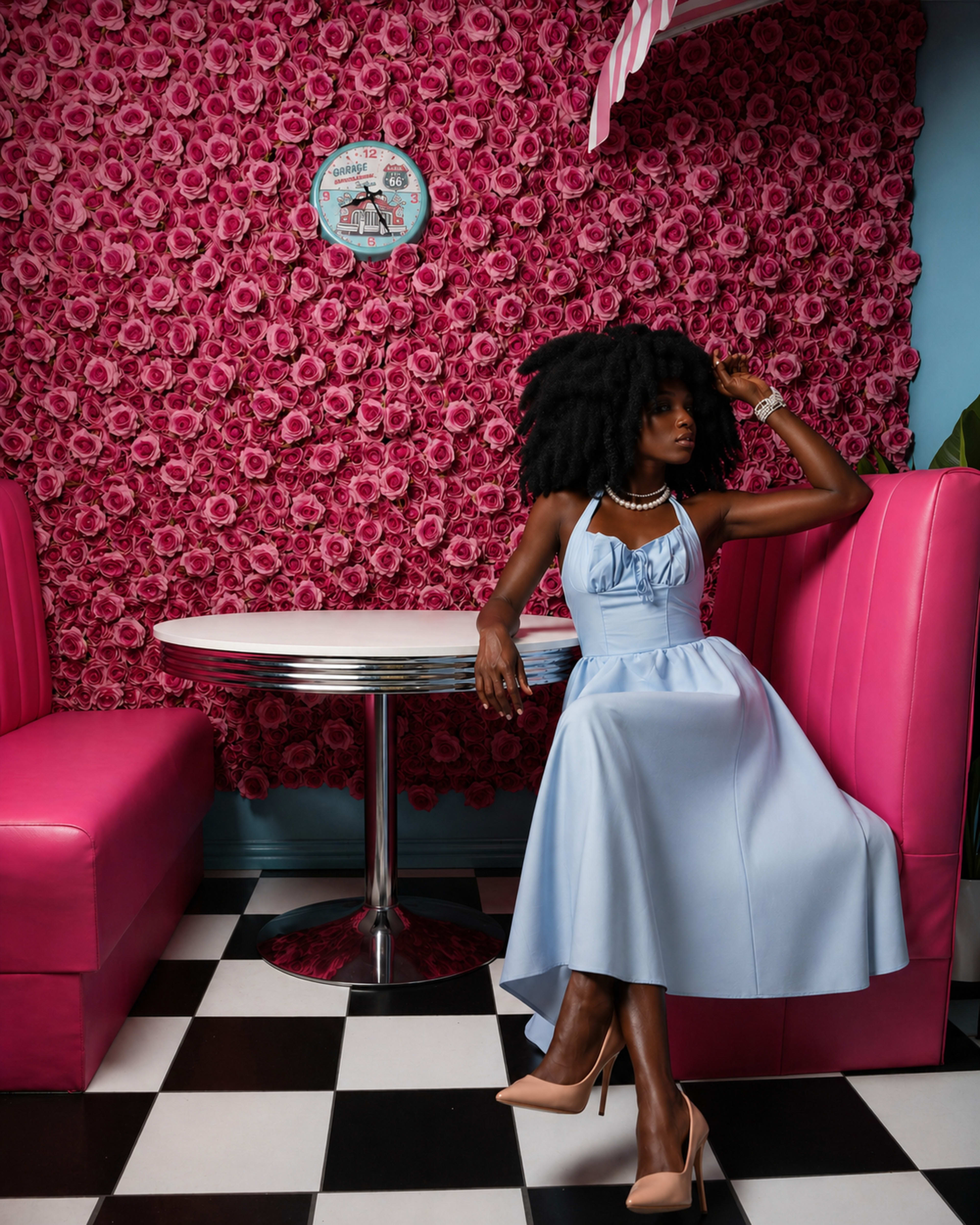 A woman in a blue dress sits at a round table against a wall covered in pink flowers, with pink booths and a black and white checkered floor.