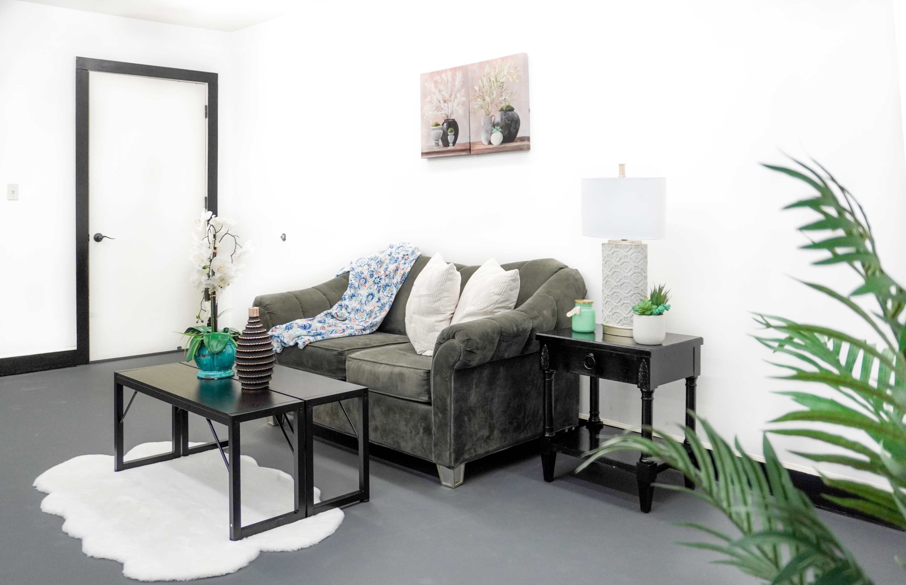 The image shows a modern living room with a gray couch adorned with a blue and white throw, a black coffee table, a decorative lamp, and a small plant on a side table, all set against a white wall.