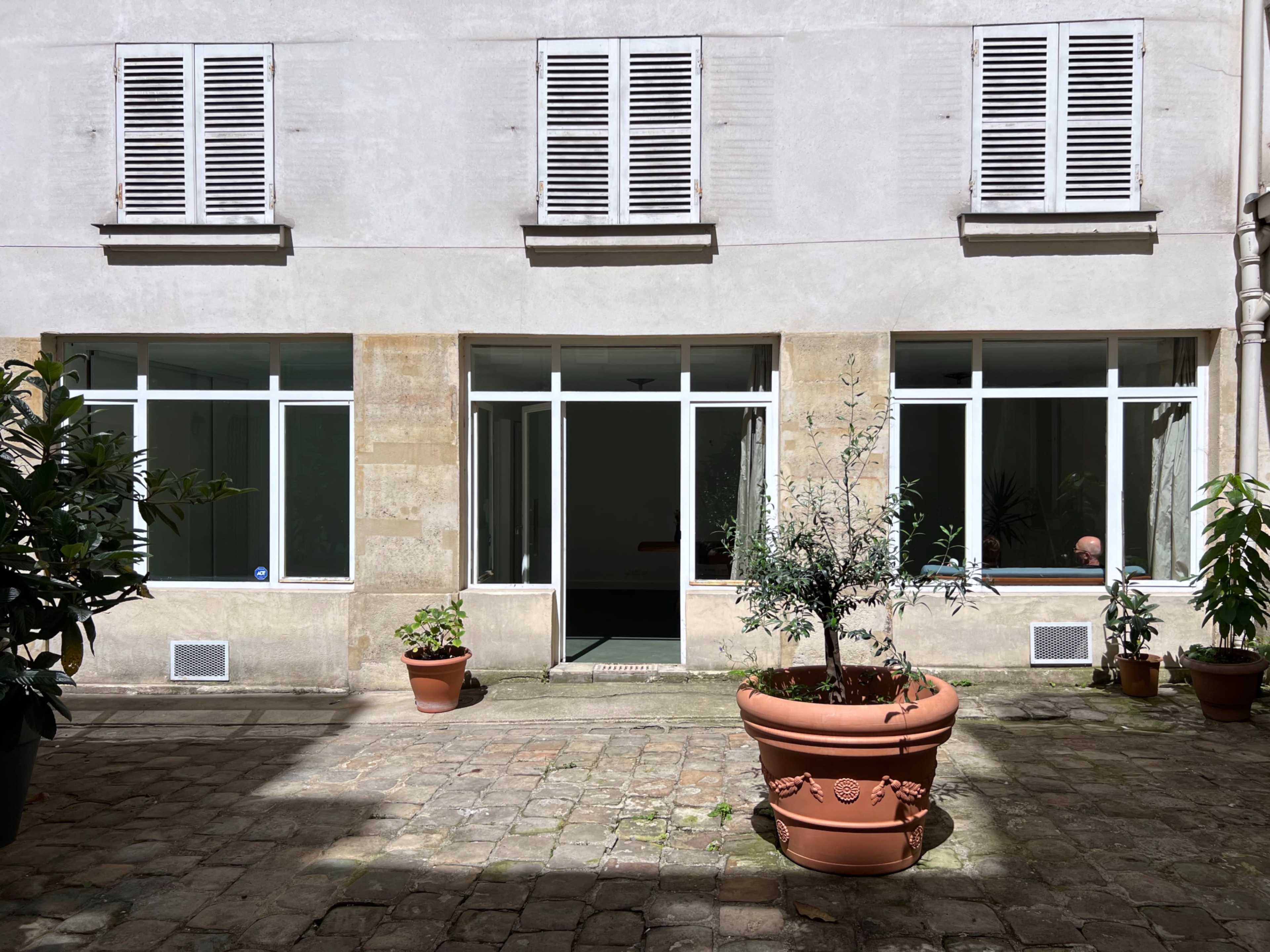 A courtyard with plants in pots, flanked by large windows of a building featuring shutters.