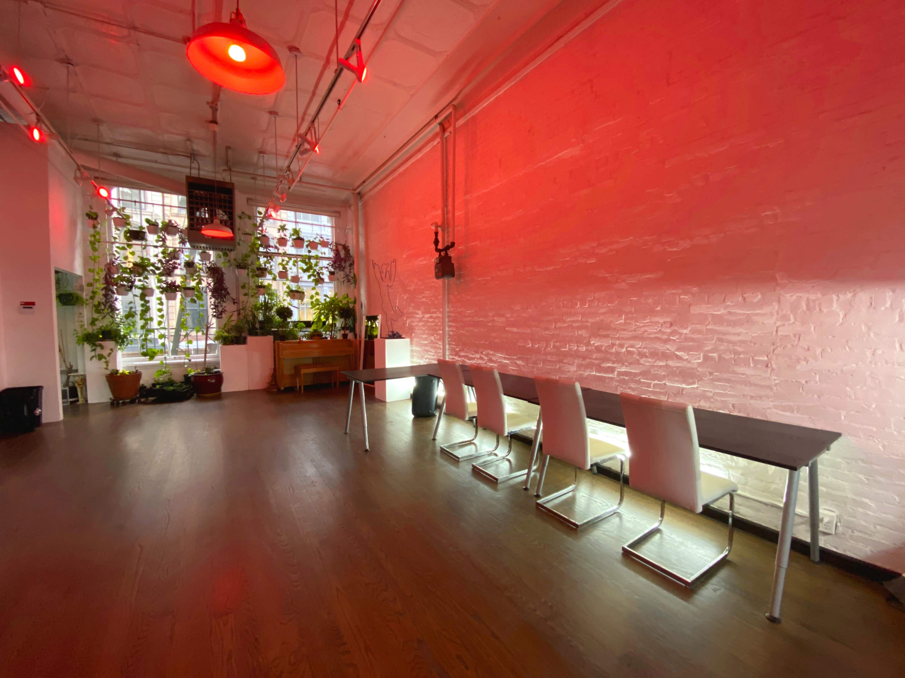 A spacious indoor room illuminated by red lights, featuring a long table with six white chairs and large windows filled with green plants.