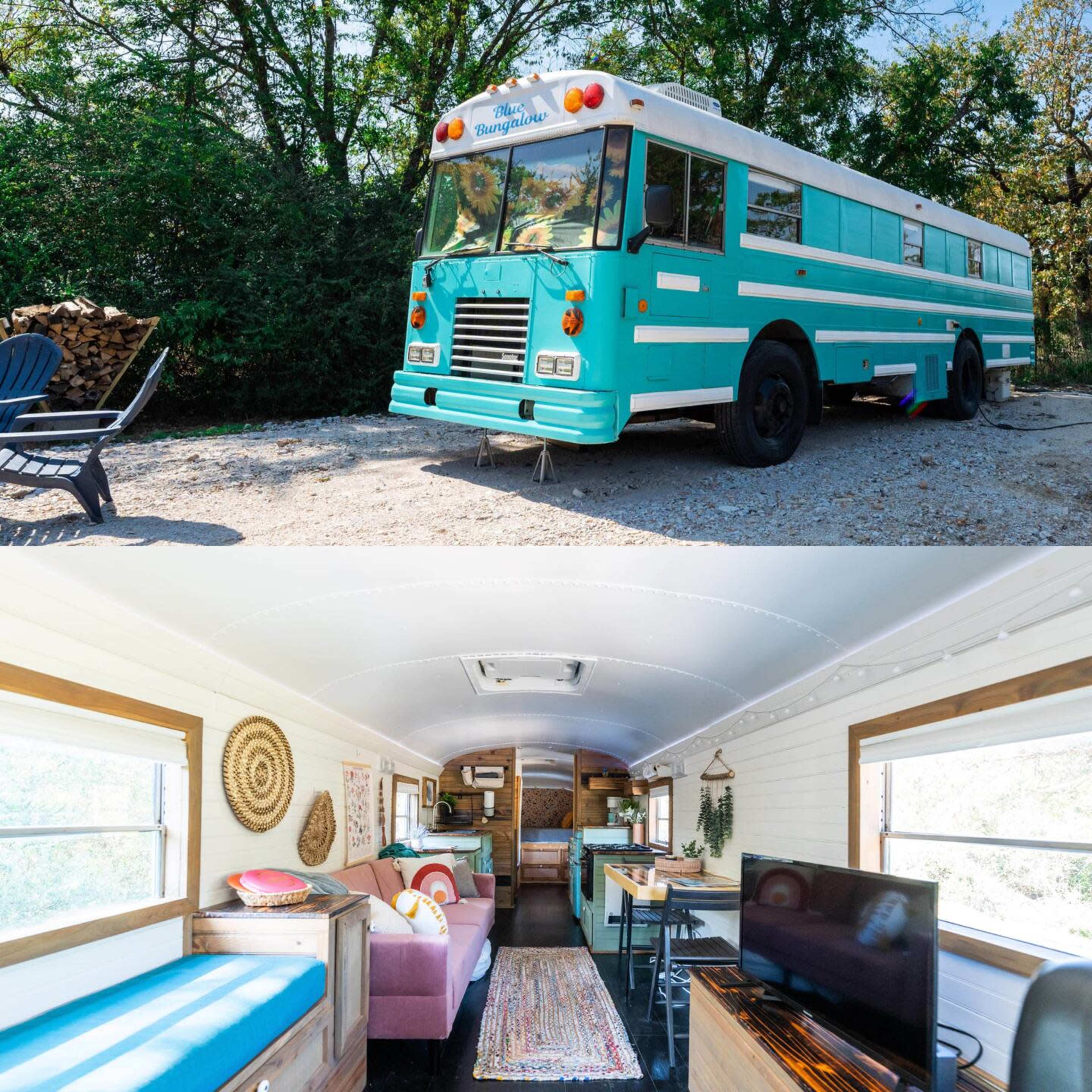The image shows a converted bus parked outside surrounded by trees, with a cozy interior featuring colorful furniture and a dining area.