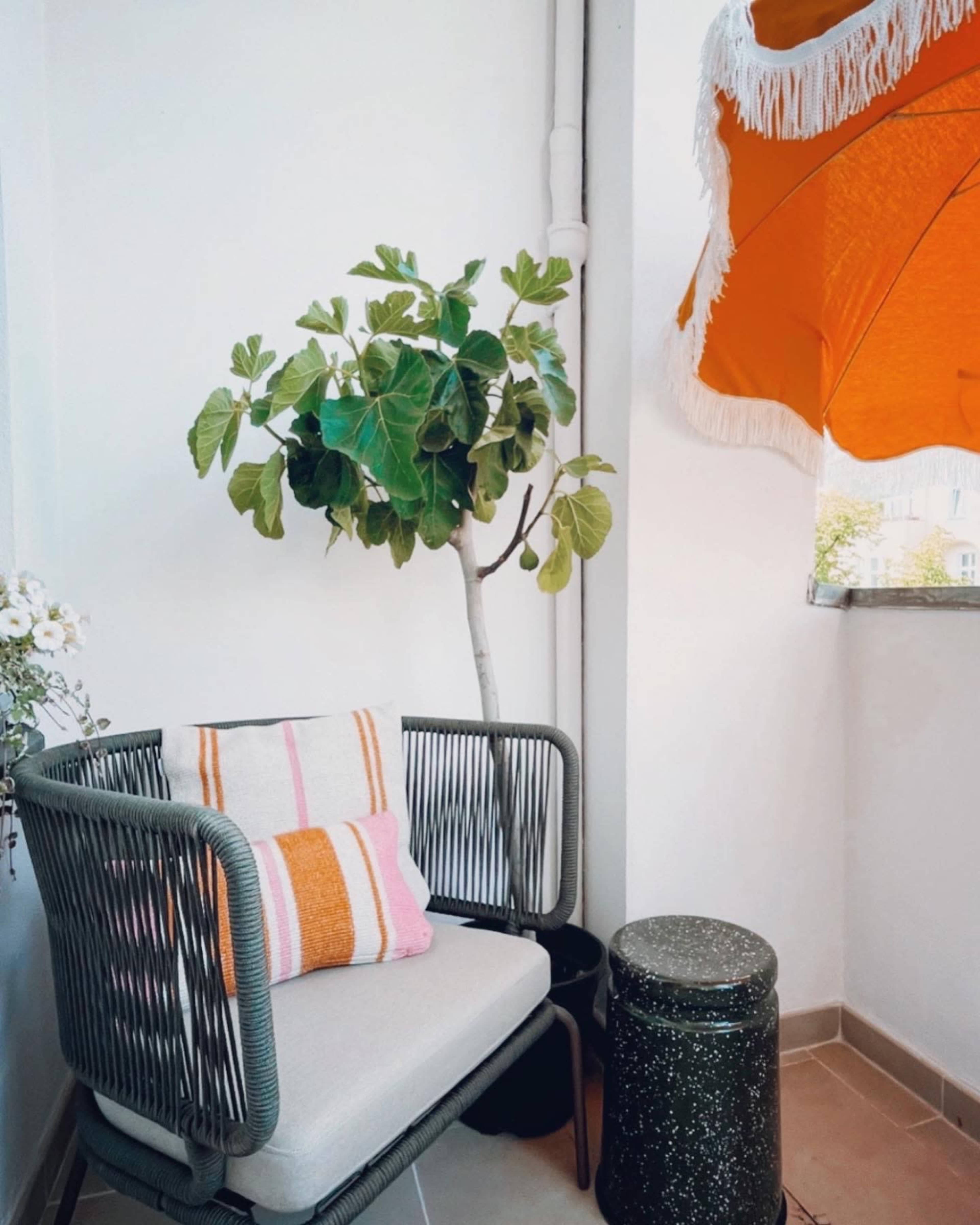 A small balcony features a wicker chair with cushions, a potted tree, and an orange umbrella.