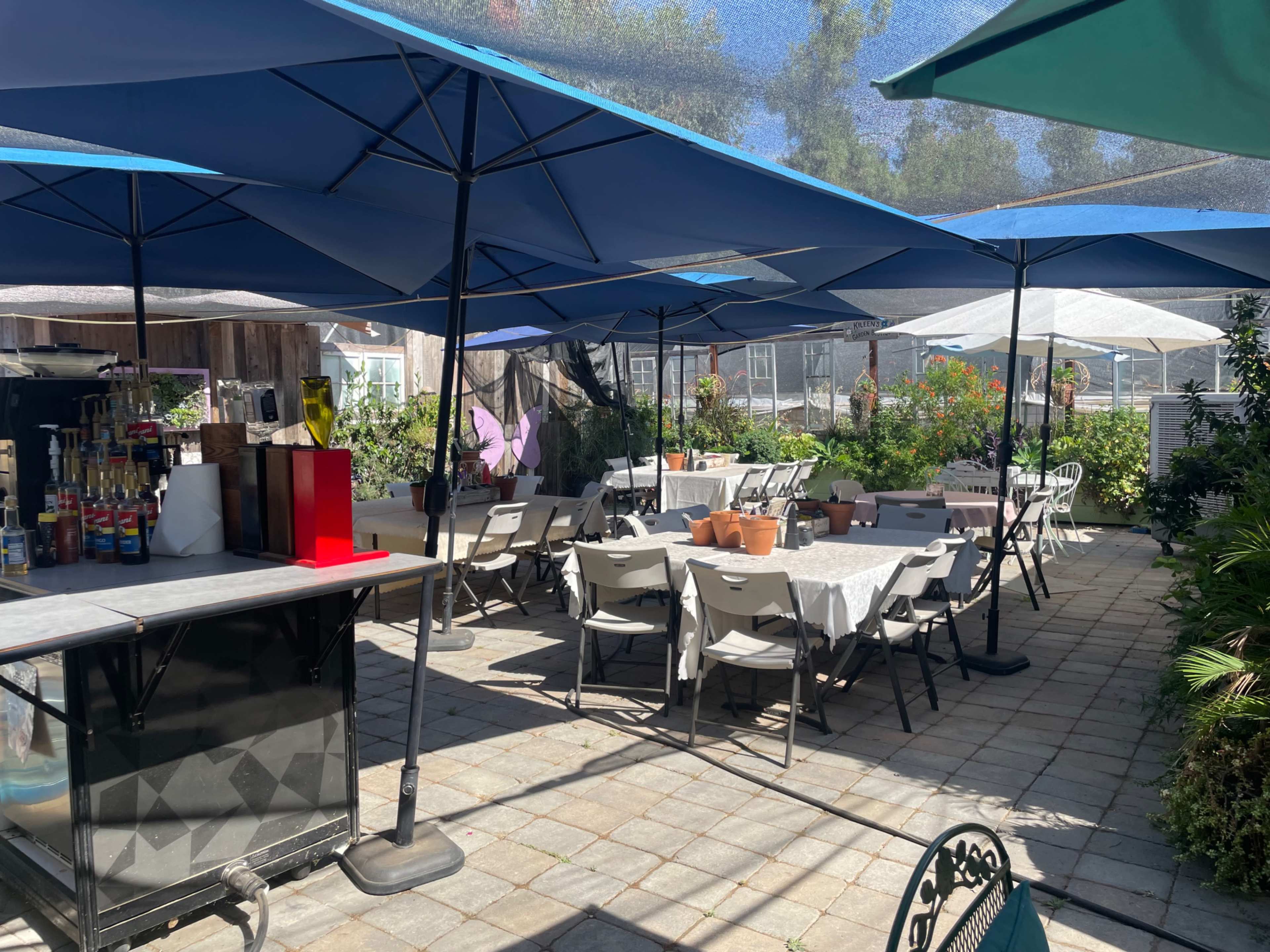 An outdoor dining area is set up with tables and chairs under large blue umbrellas, surrounded by greenery.