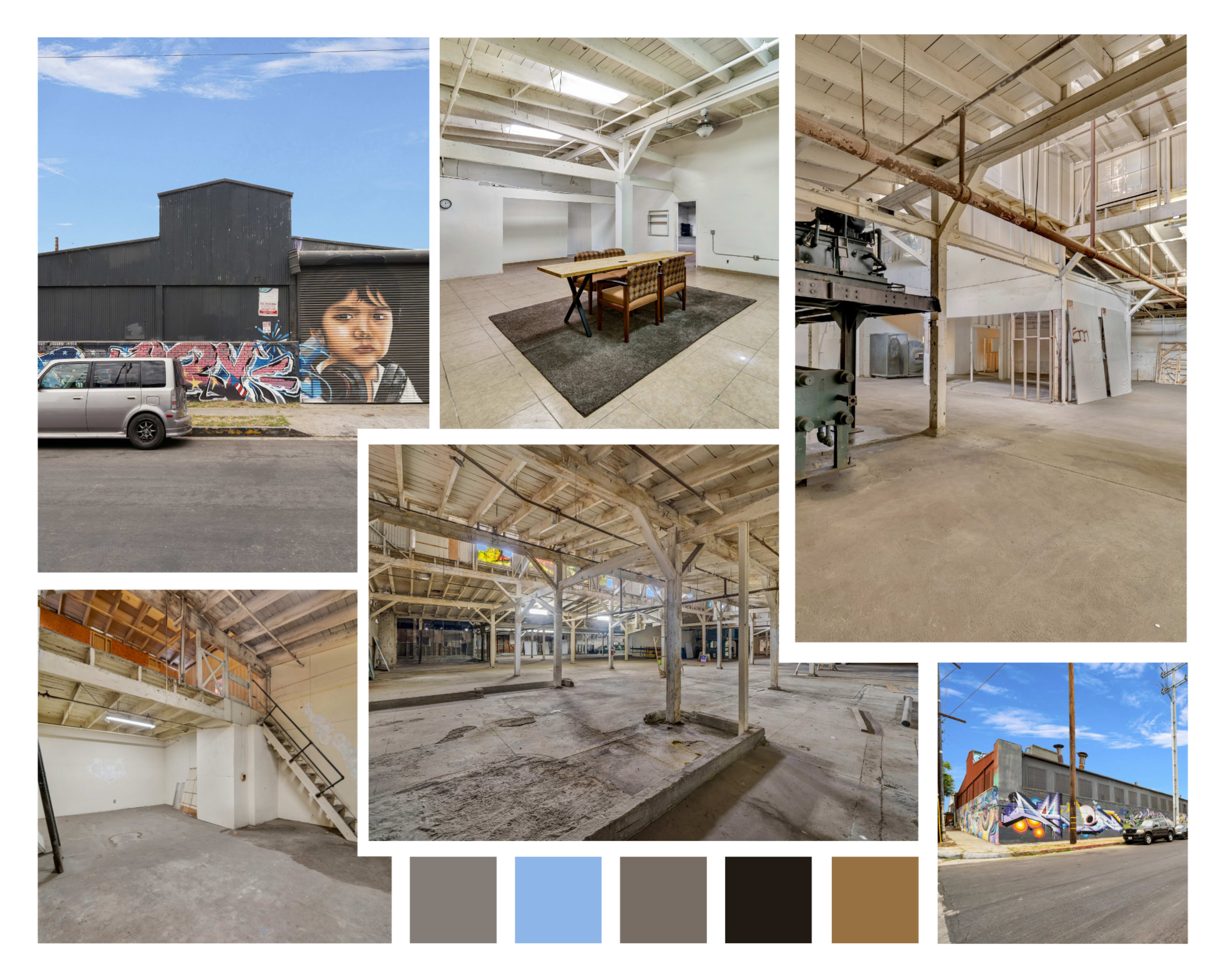A collage of an industrial-style warehouse featuring empty spaces, wooden beams, a central table on a rug, and exterior graffiti.