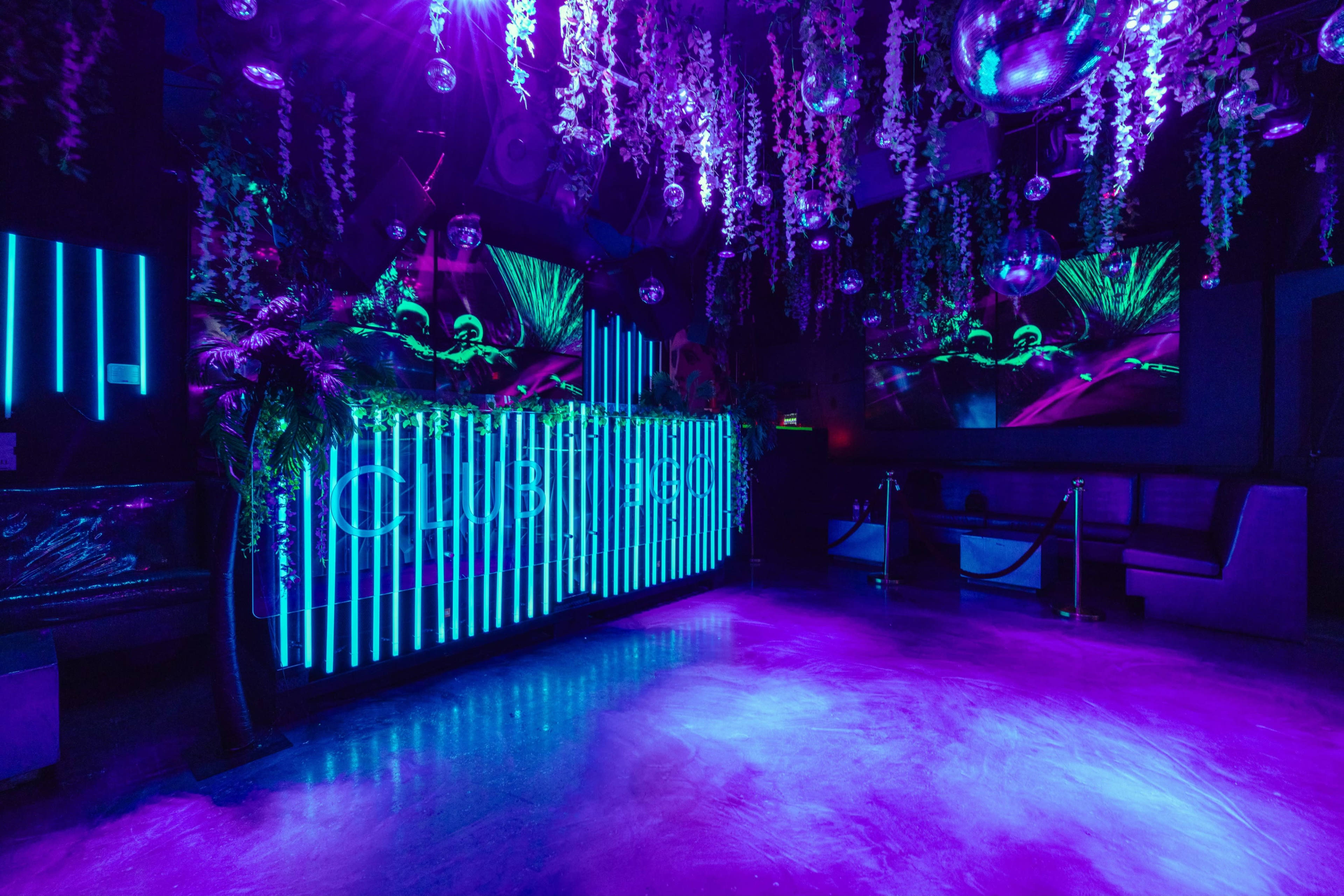 A dimly lit nightclub features vibrant purple and blue lighting, a bar with neon strips, and decorative hanging plants and disco balls.