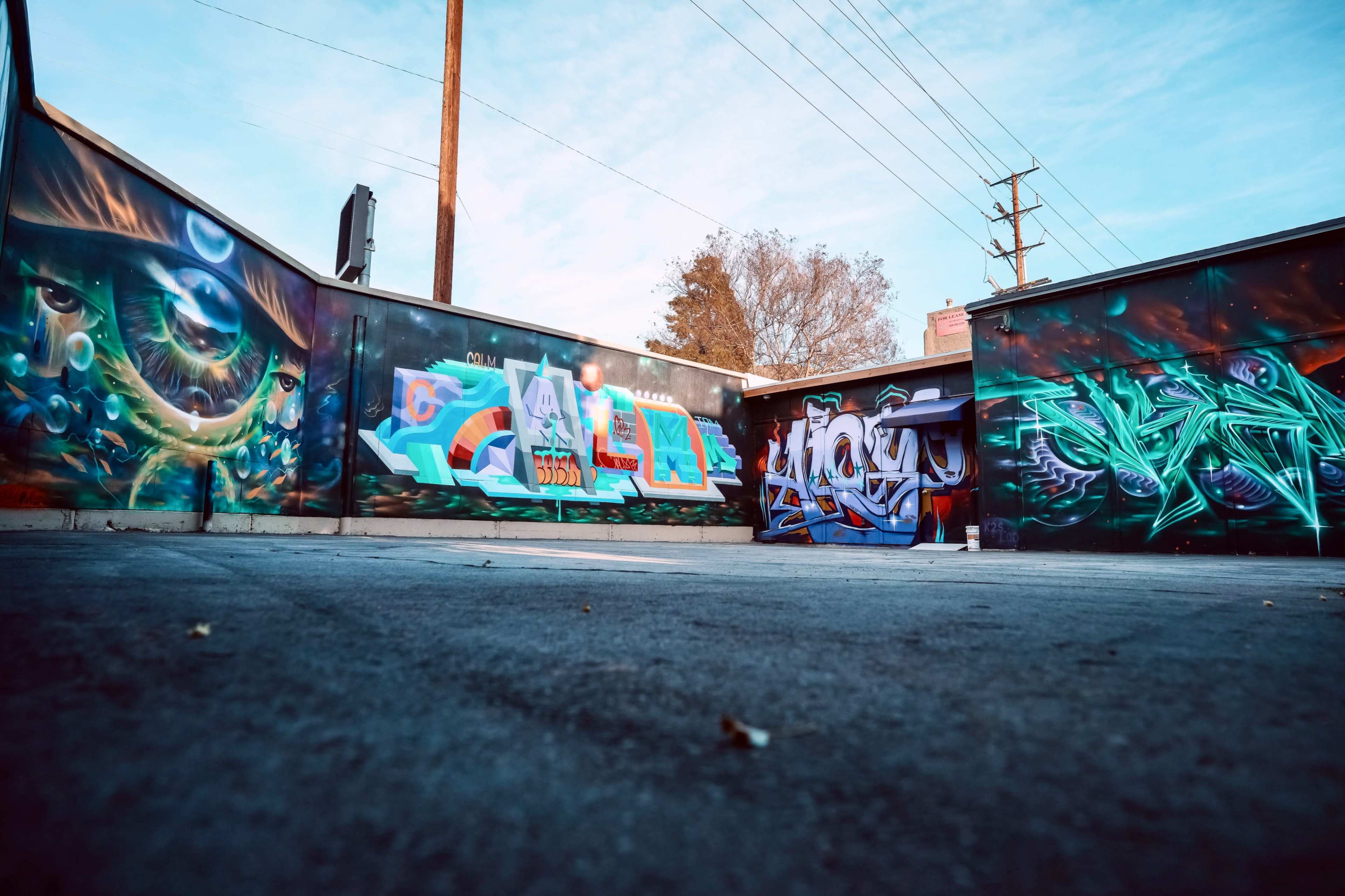 A graffiti-covered wall in an urban setting, featuring vibrant murals and colorful designs under a clear sky.