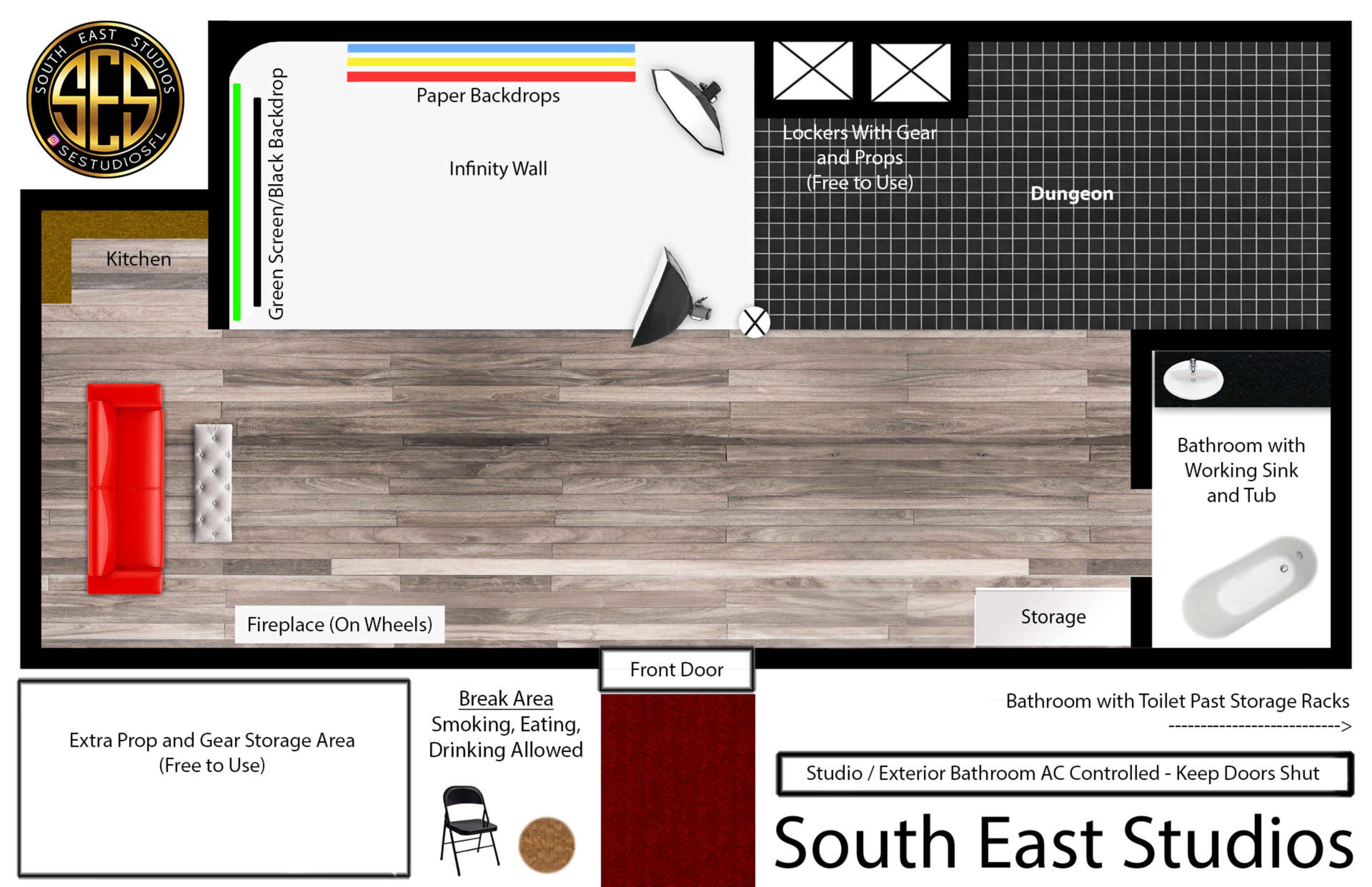 The image shows a layout of South East Studios, featuring a green screen backdrop, an infinity wall, a kitchen, a bathroom, storage areas, and various seating and shooting spaces.