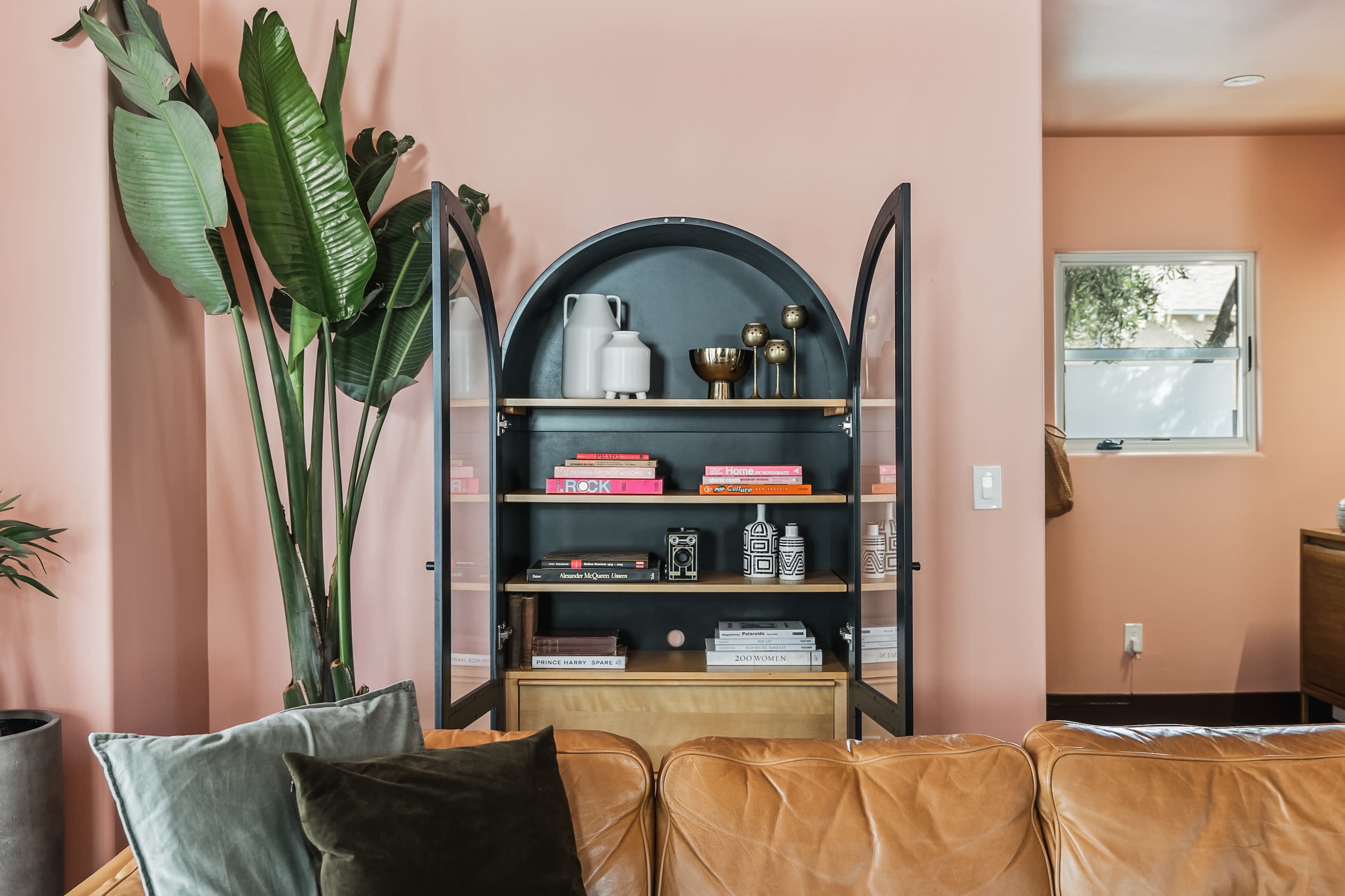 A black bookshelf with decorative items and books is centered against a pink wall, with a large potted plant to the left.