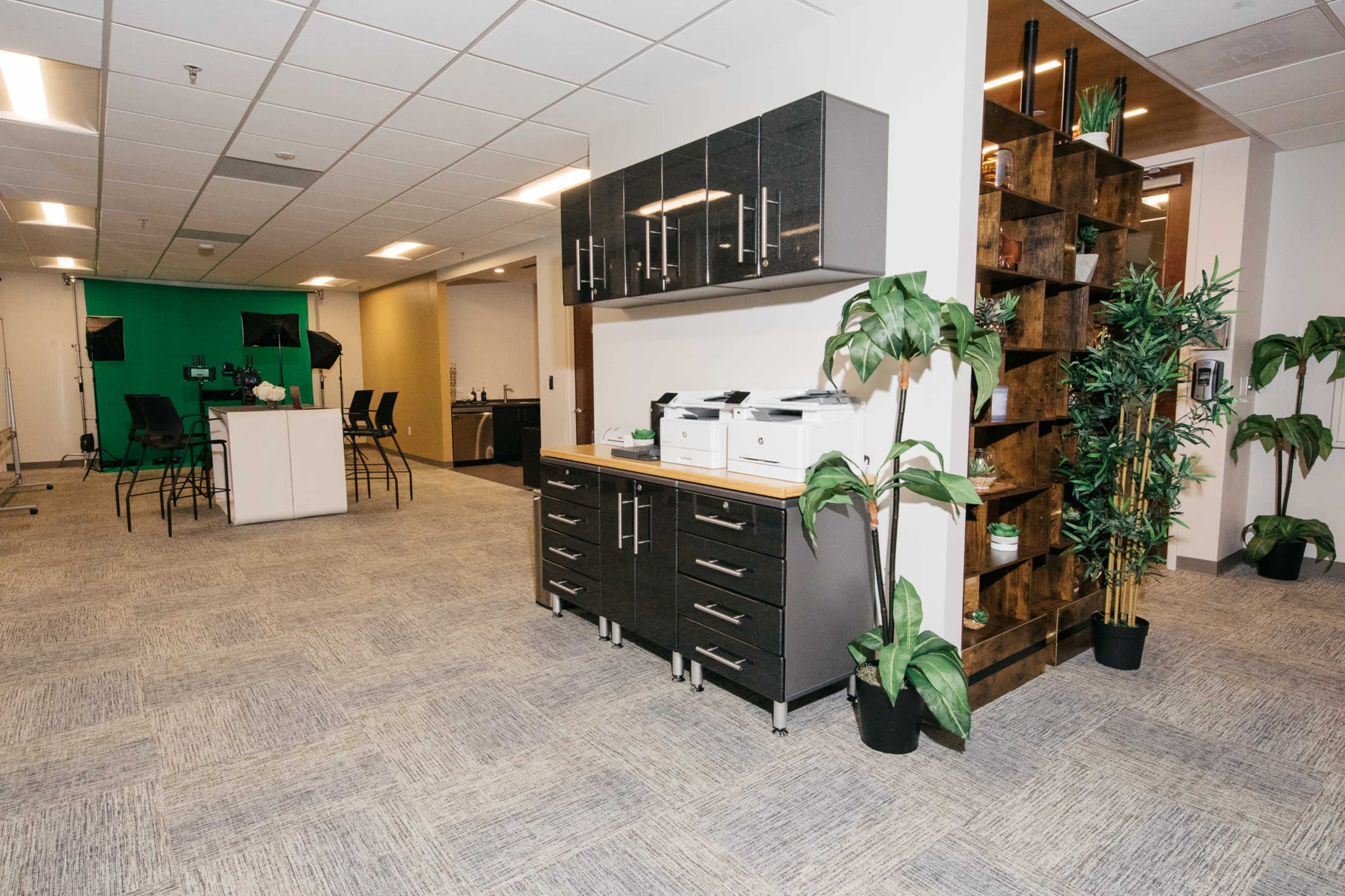 An office space featuring a printer station next to a shelf with plants, along with a green screen area in the background.