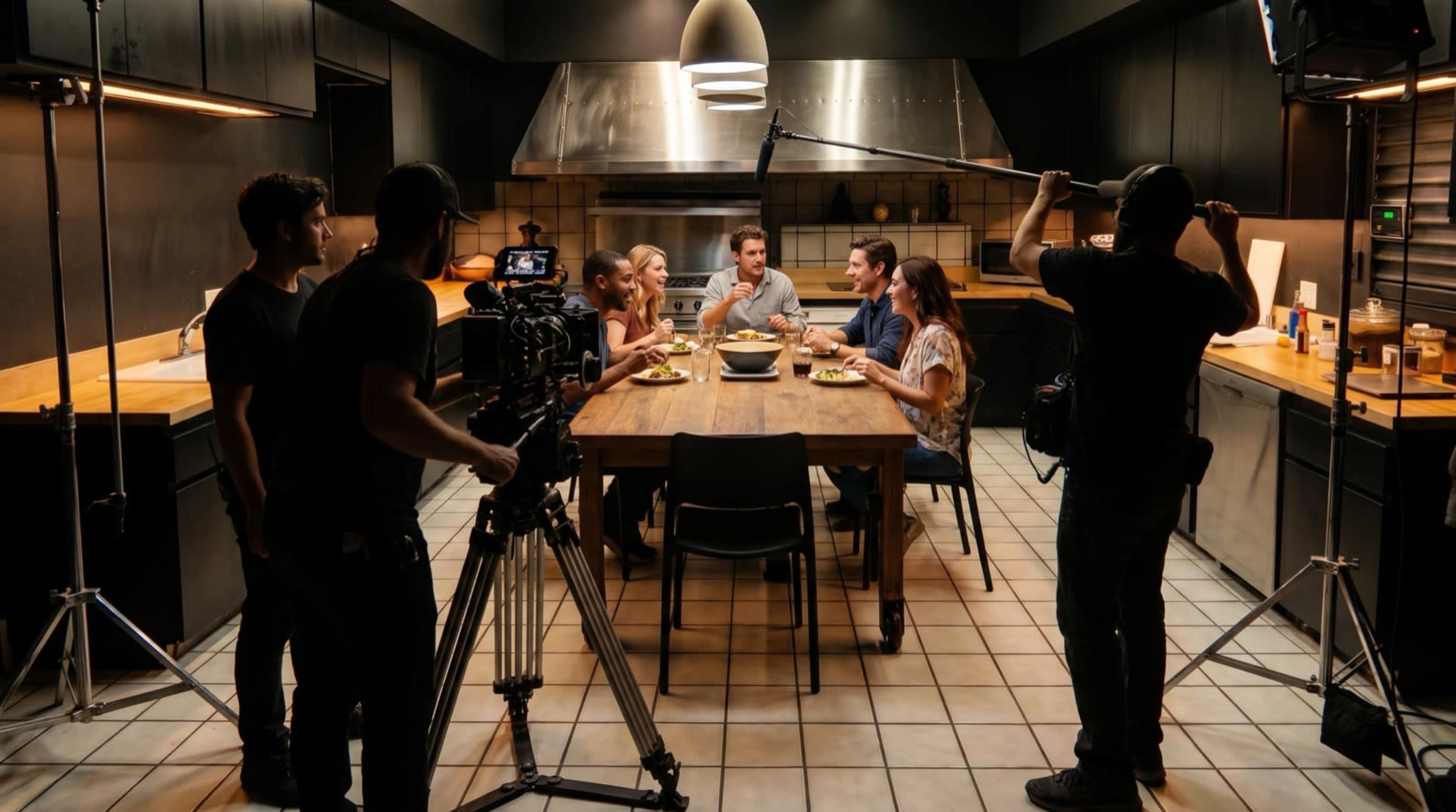 A film crew sets up for a scene in a modern kitchen where six people are gathered around a wooden table with plates of food.