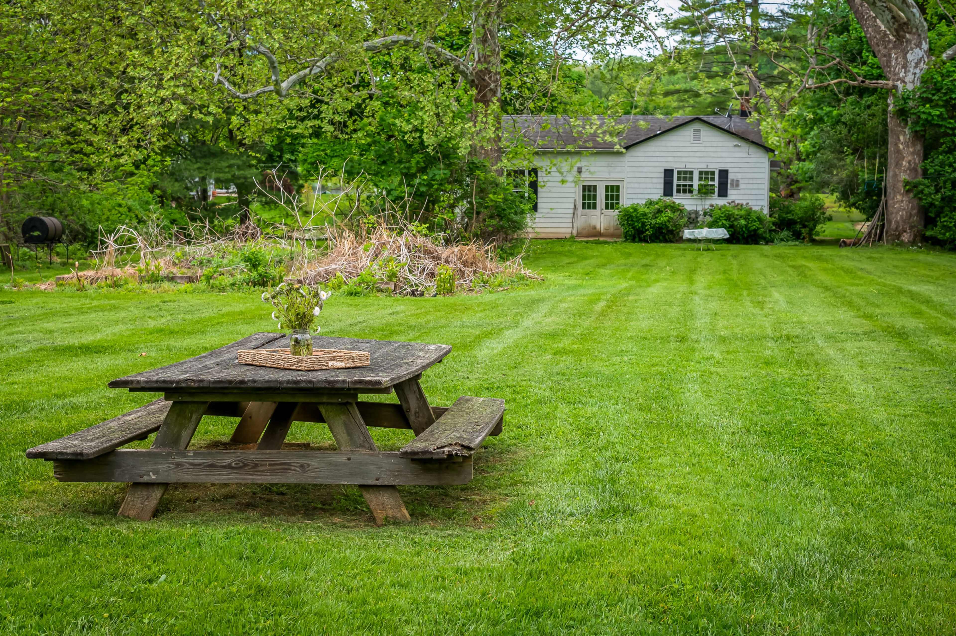 A wooden picnic table with a vase of flowers sits on a manicured lawn in front of a simple house surrounded by lush greenery.