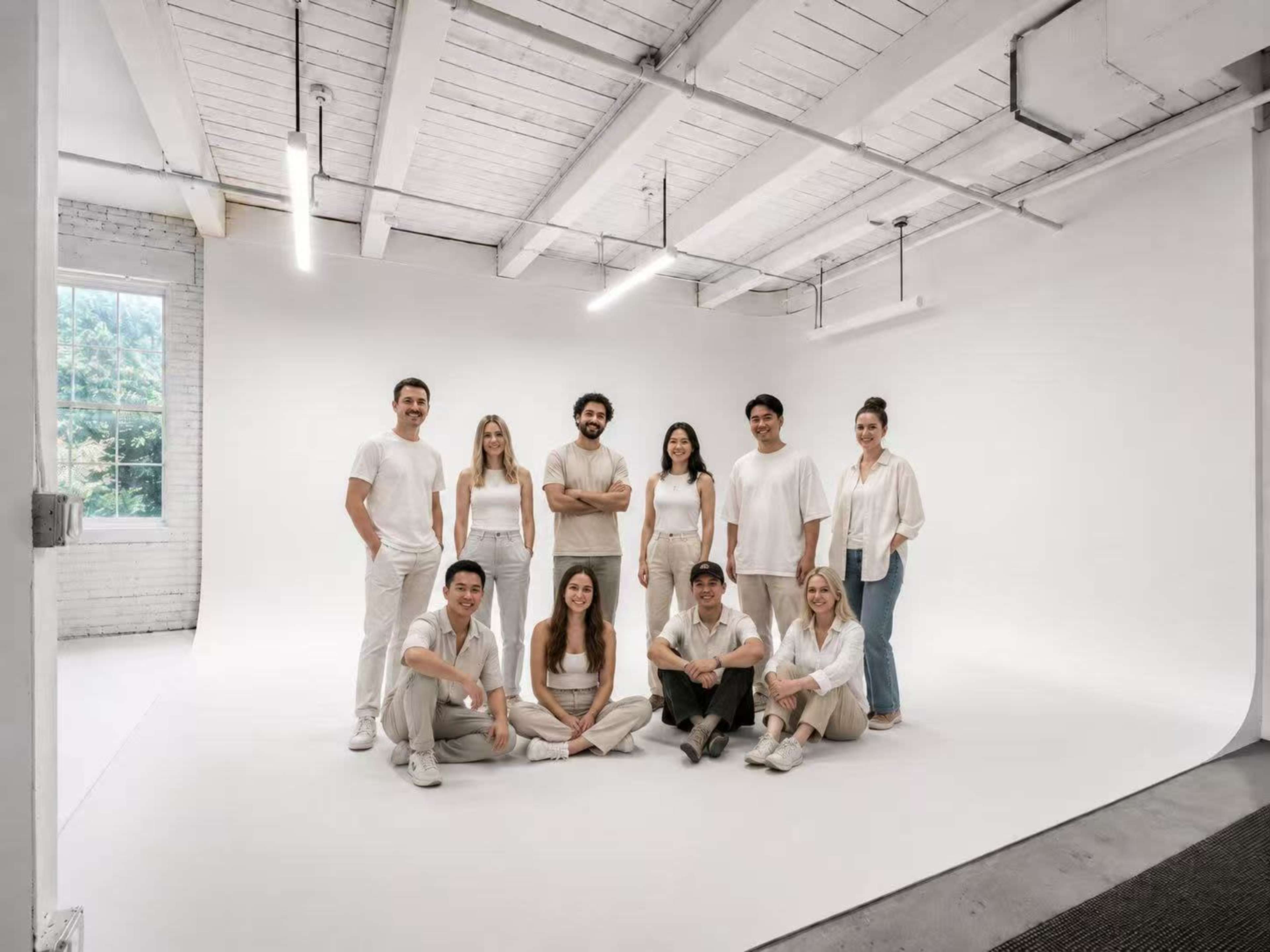 A diverse group of eleven people wearing light-colored clothing is posed in a bright, minimalistic studio with a white backdrop.