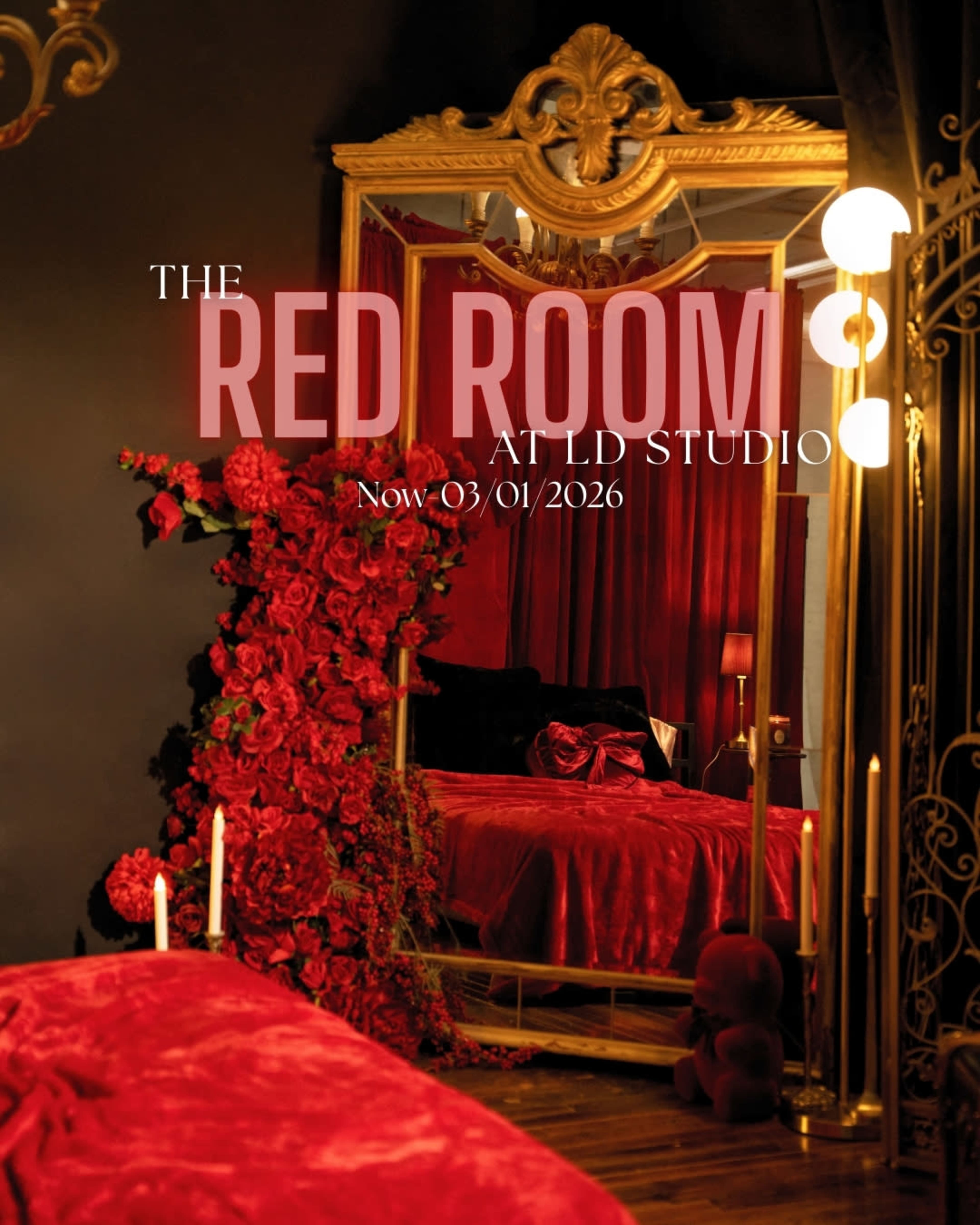 The image features a lavishly decorated room with red velvet furnishings, a large ornate mirror, and floral arrangements, creating an opulent atmosphere.