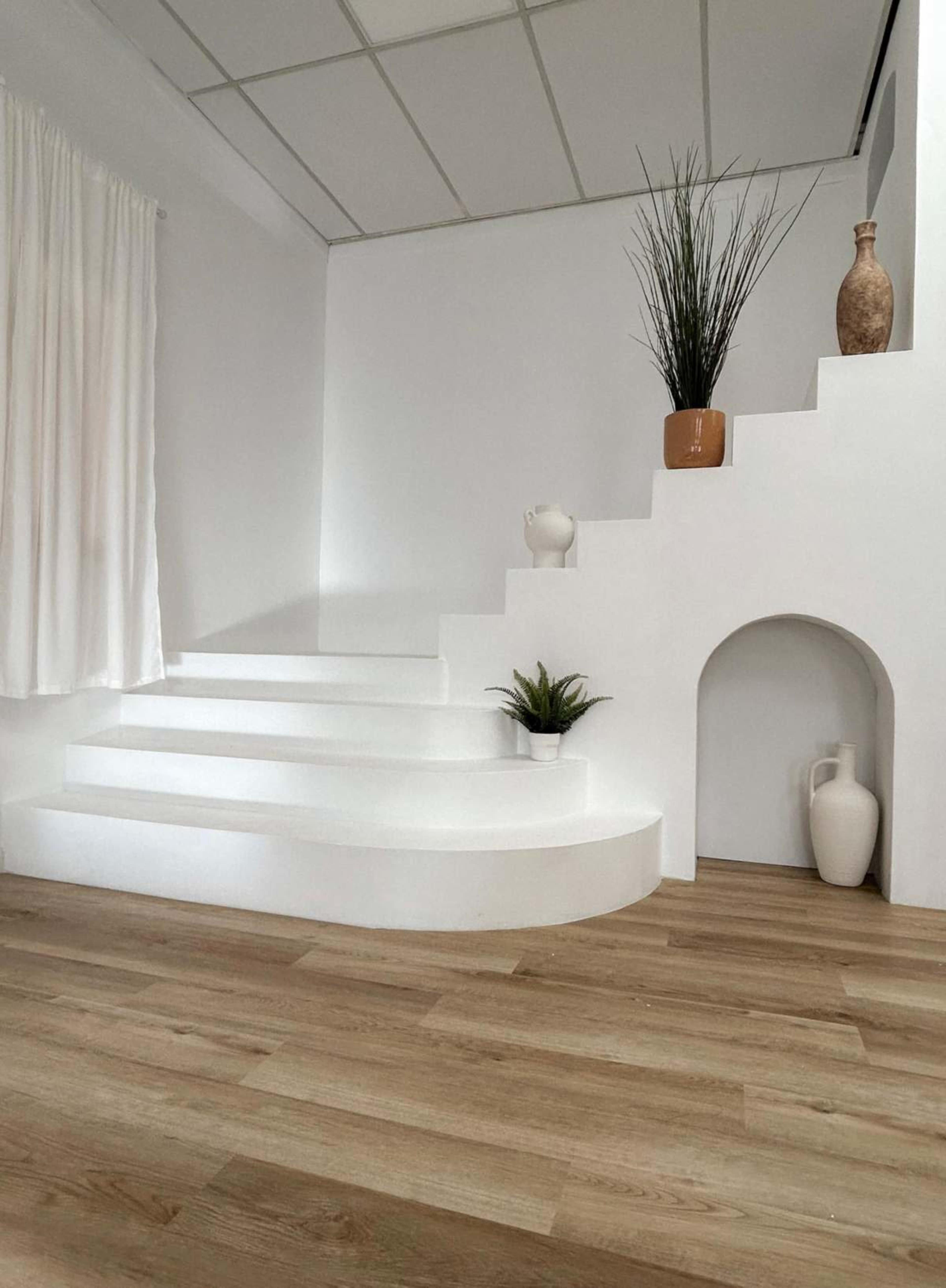 The image shows a modern interior space featuring white stairs leading to an elevated area, adorned with potted plants and minimalist decor.