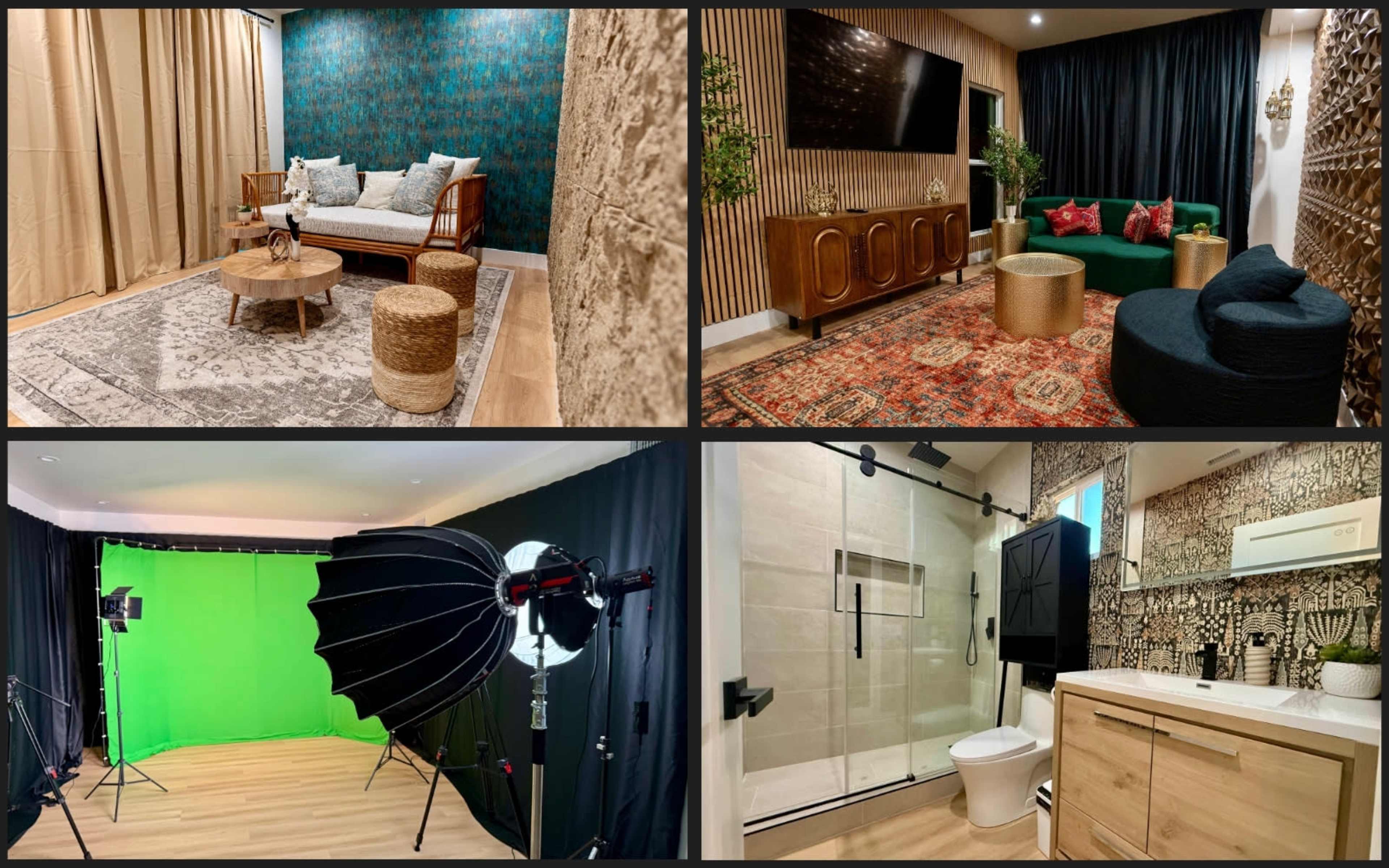 The image displays four different interior spaces, featuring a stylish living area with decorative accents, a cozy lounge with vibrant textiles, a photo studio setup with a green screen, and a modern bathroom with a light color scheme.