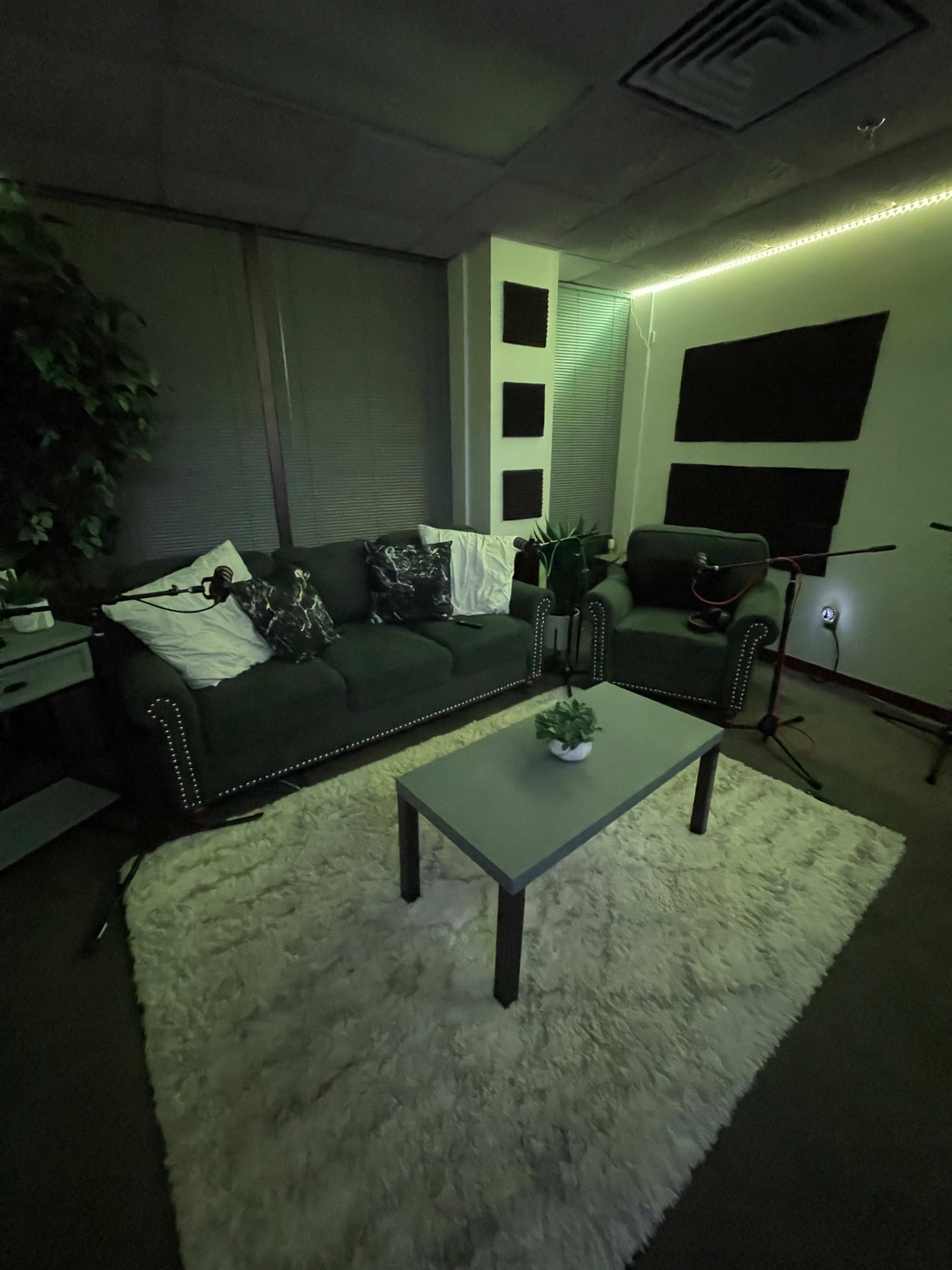 A dimly lit room with a green couch, a chair, a coffee table, and a large rug, surrounded by acoustic panels and microphones.