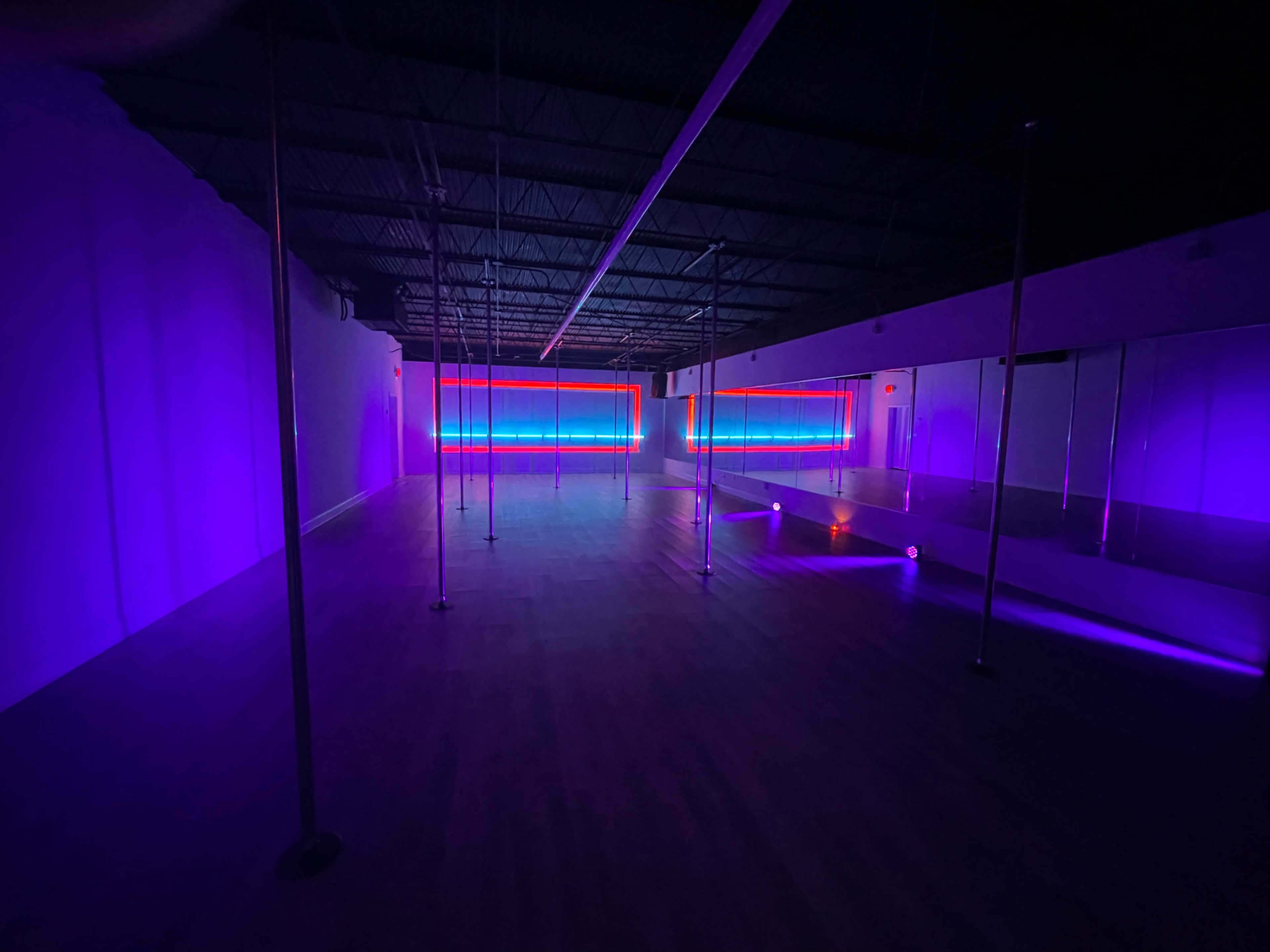 The image shows a dimly lit studio with several dance poles and colorful neon lights along the walls.