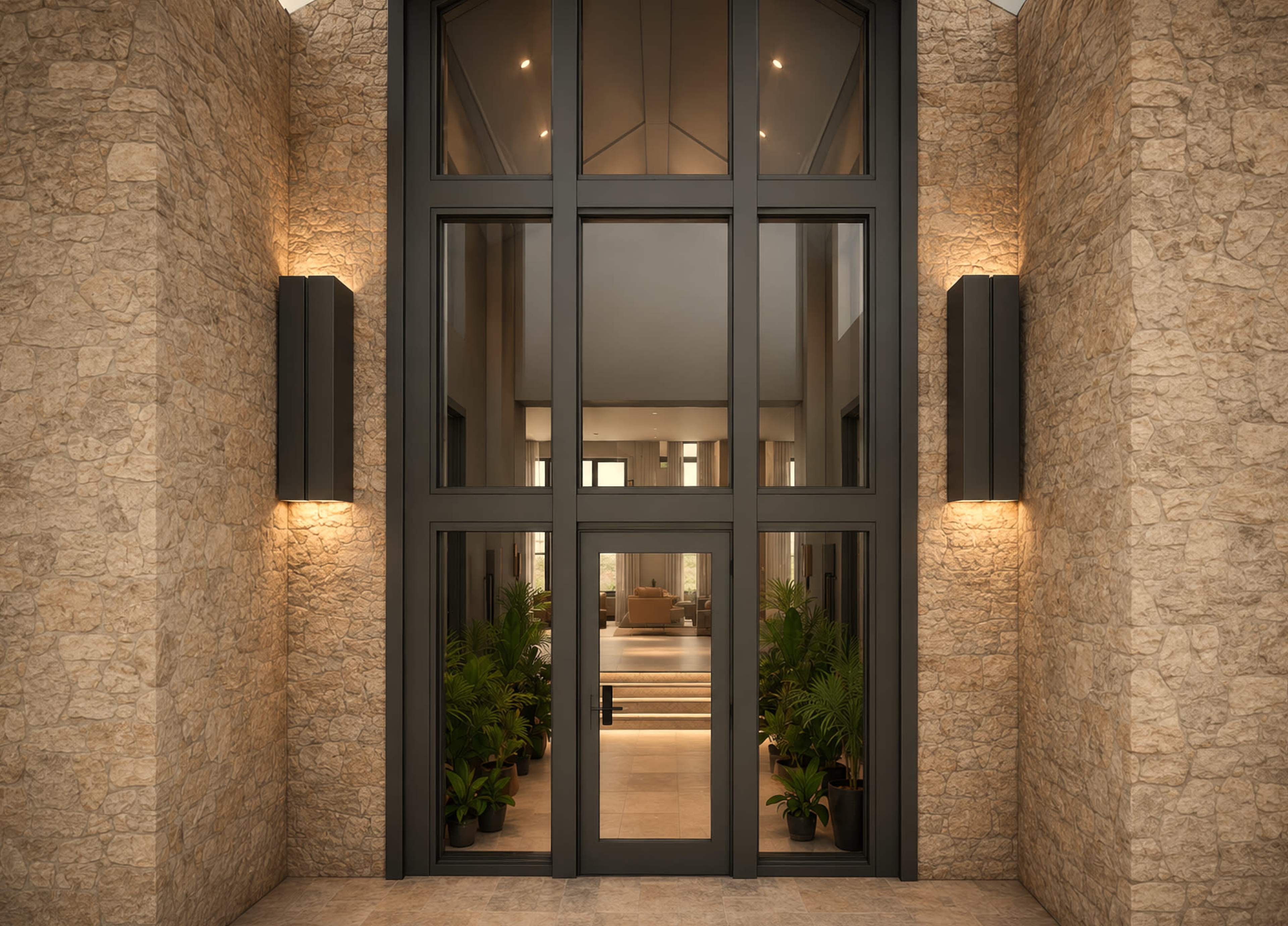 The image shows a modern entrance featuring large glass doors framed in dark metal, flanked by stone walls and illuminated by wall sconces.