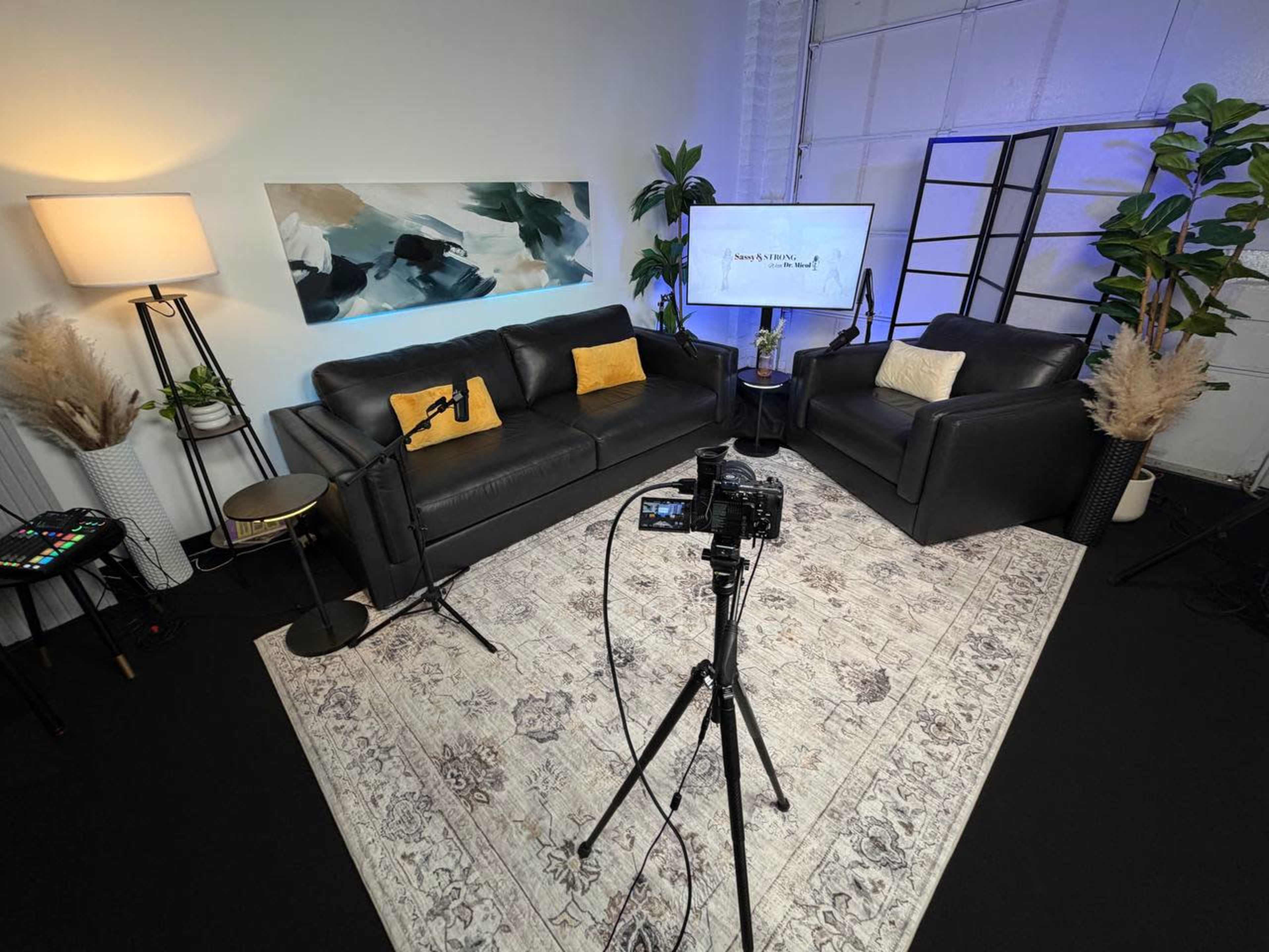 The image shows a modern podcast or interview setup with two black sofas facing each other, a camera on a tripod, and a decorative rug surrounded by plants and a lamp.