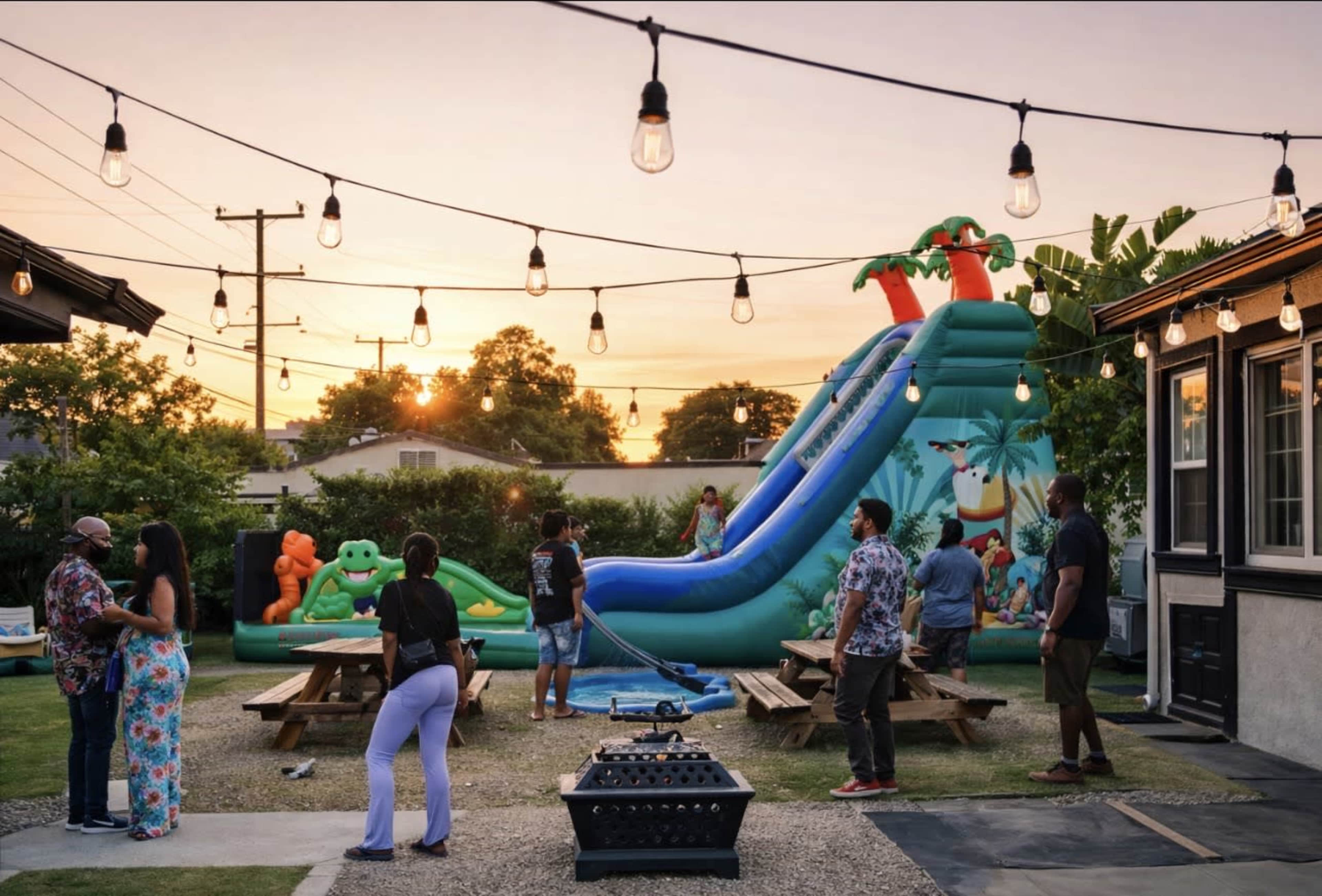 A backyard scene features a large inflatable slide beside several people socializing, with string lights overhead and a sunset in the background.