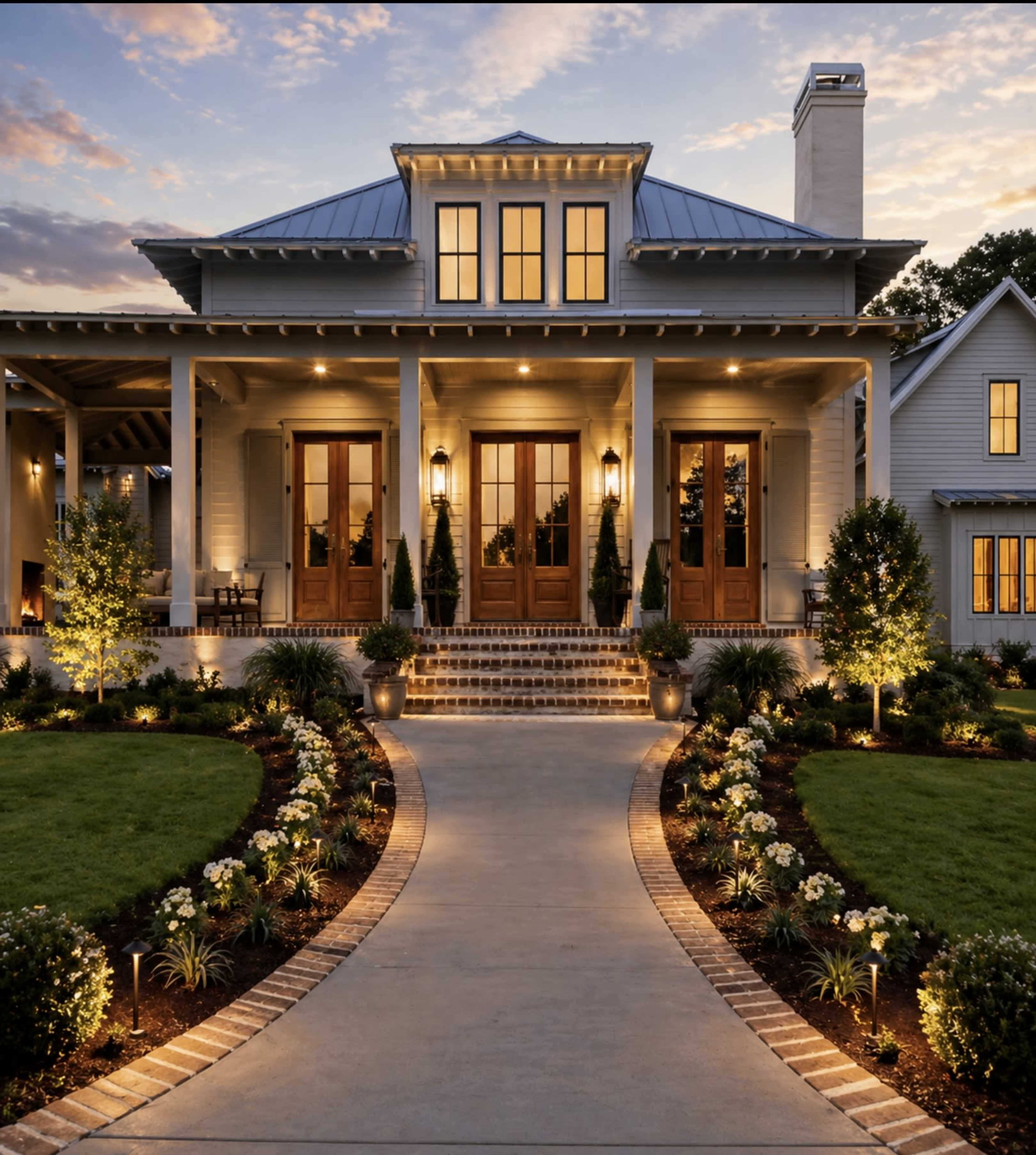 A well-lit, modern house with a porch and double doors is set against a twilight sky, surrounded by a landscaped yard featuring flower beds and walkway lighting.