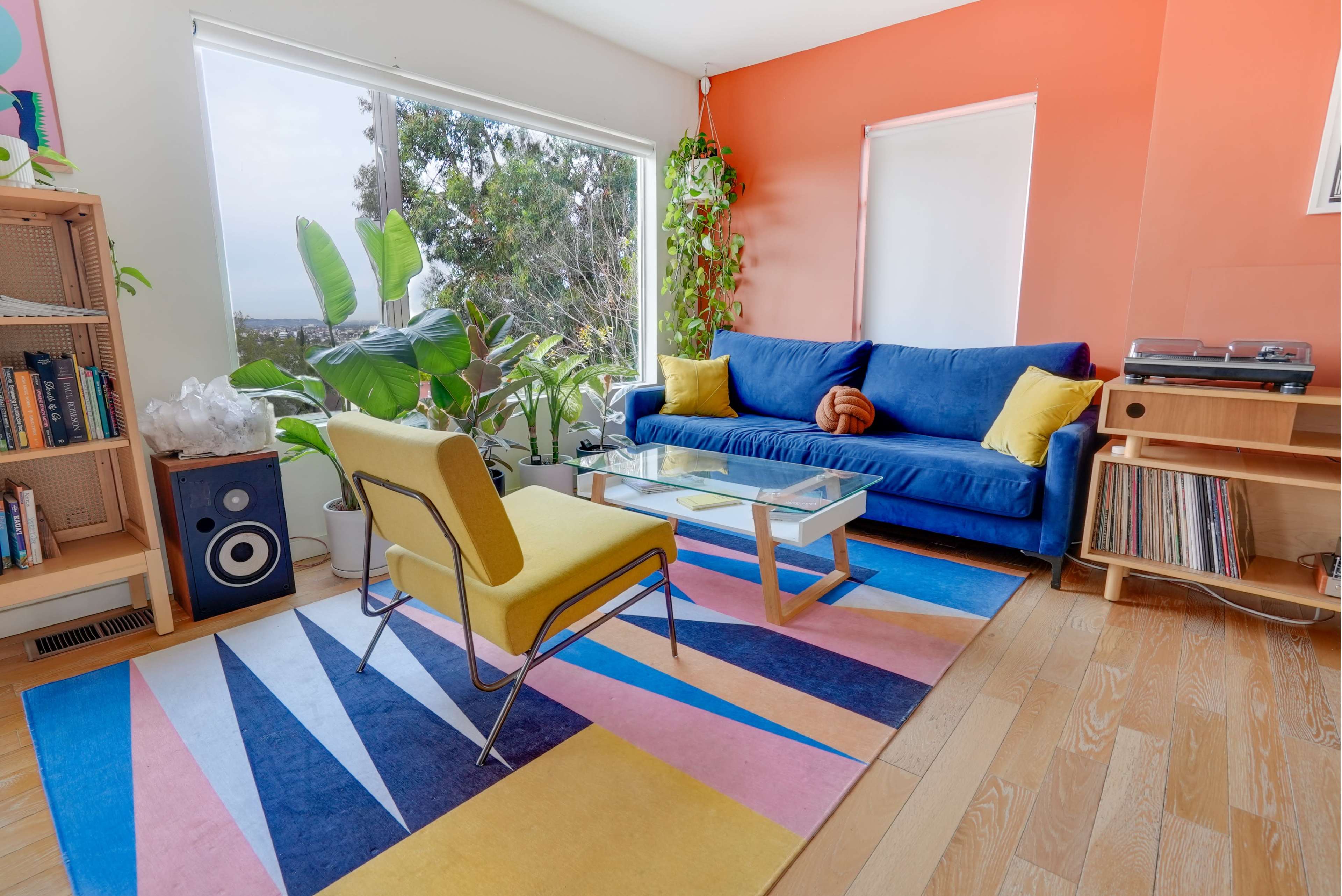 A modern living room with a blue sofa, yellow chair, glass coffee table, and a colorful rug, all surrounded by houseplants and large windows.