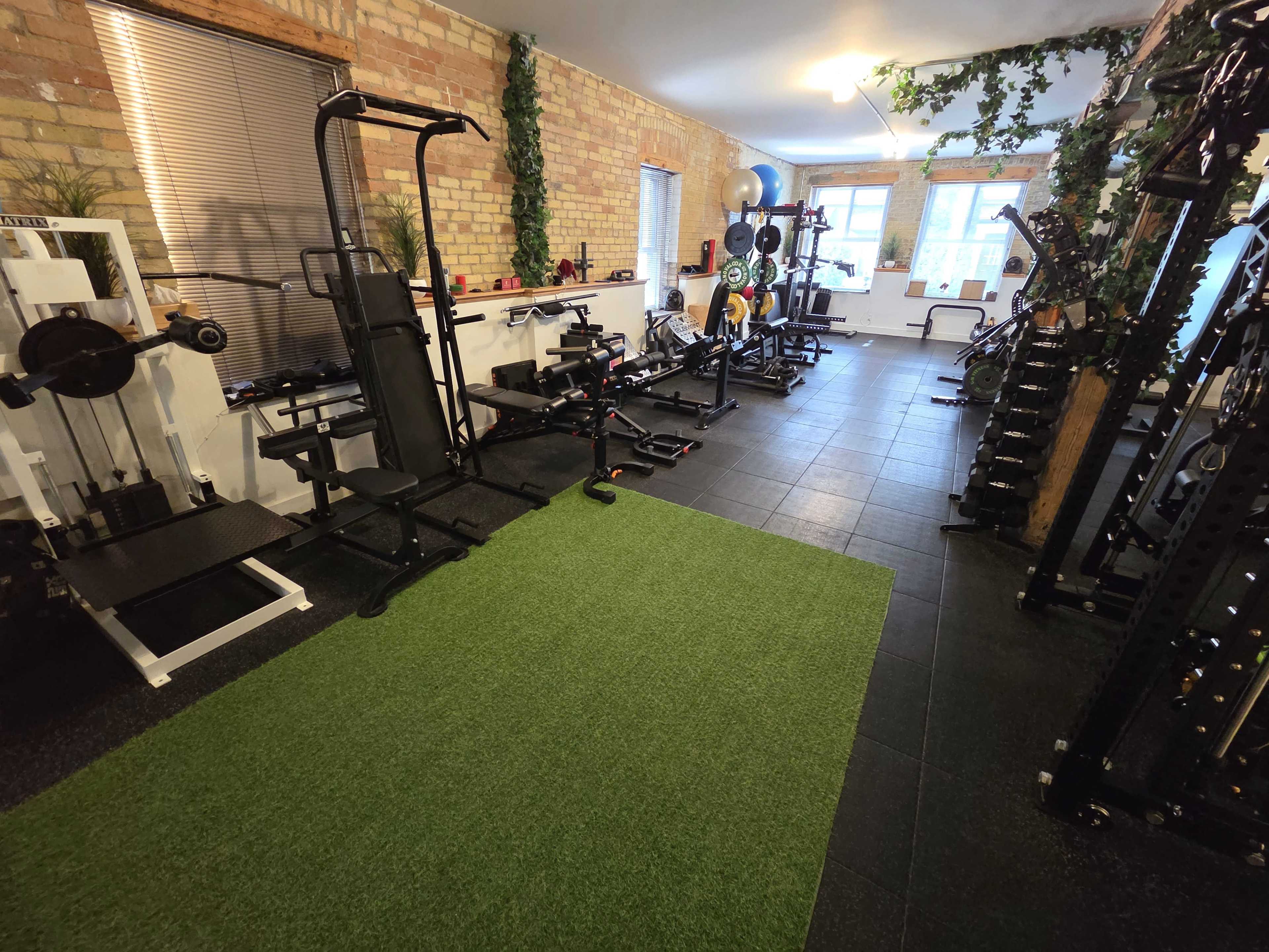 The image shows a well-equipped gym with various workout machines, free weights, and a green turf area for exercises.