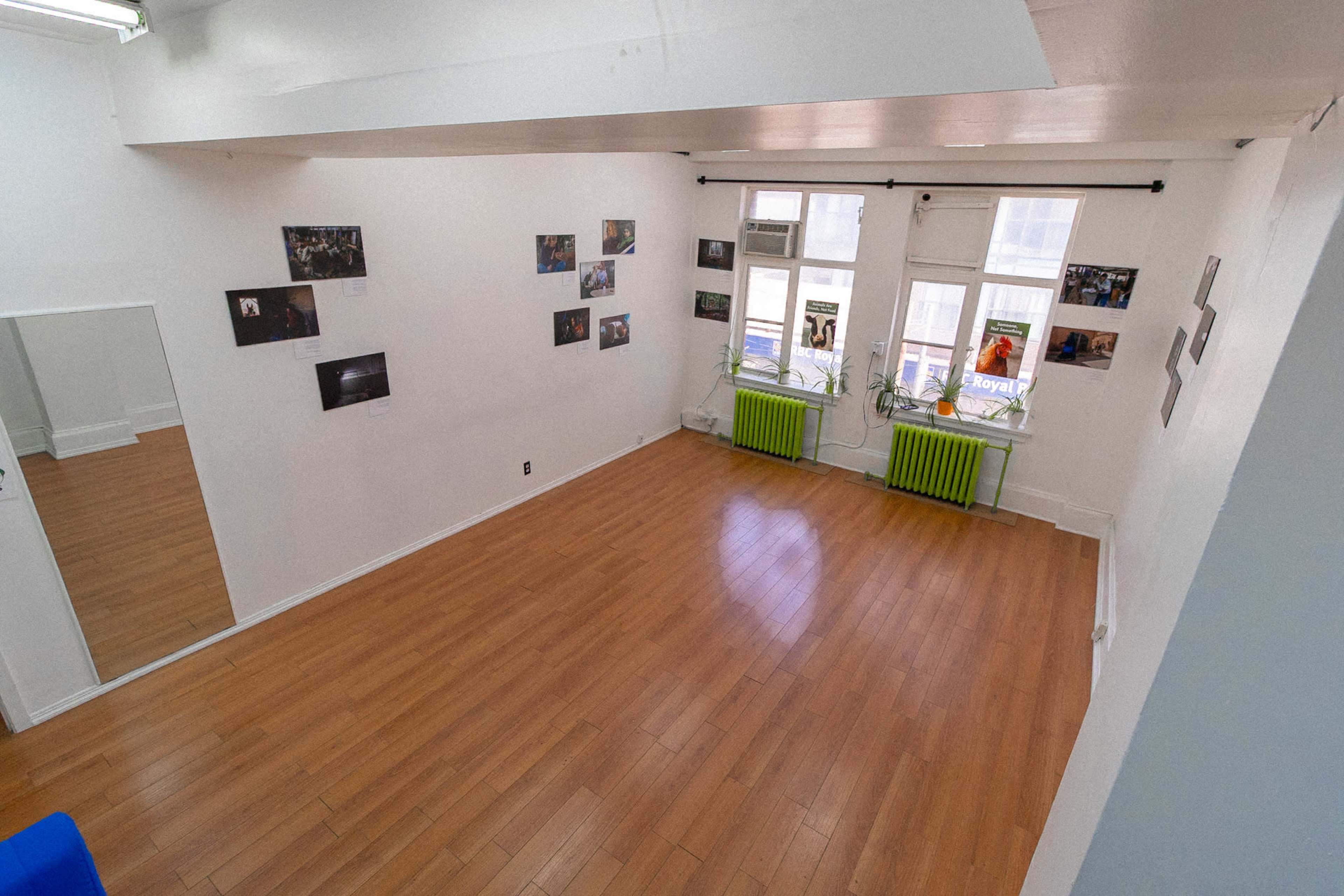 The image shows a spacious, empty room with wooden flooring, white walls adorned with framed photographs, and two large windows with green radiators beneath them.