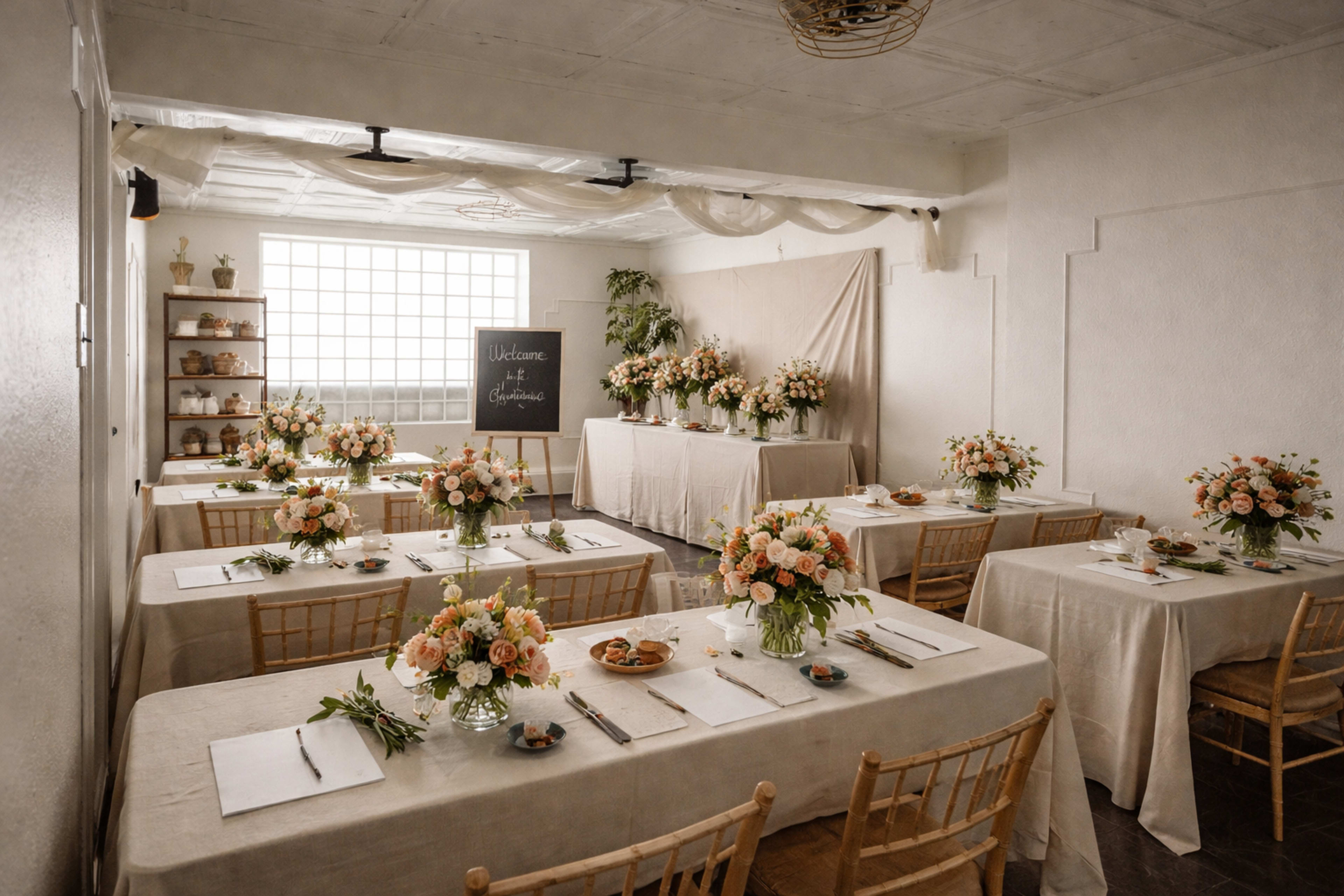 A light-filled event space is set up with multiple tables adorned with floral arrangements and place settings for guests.
