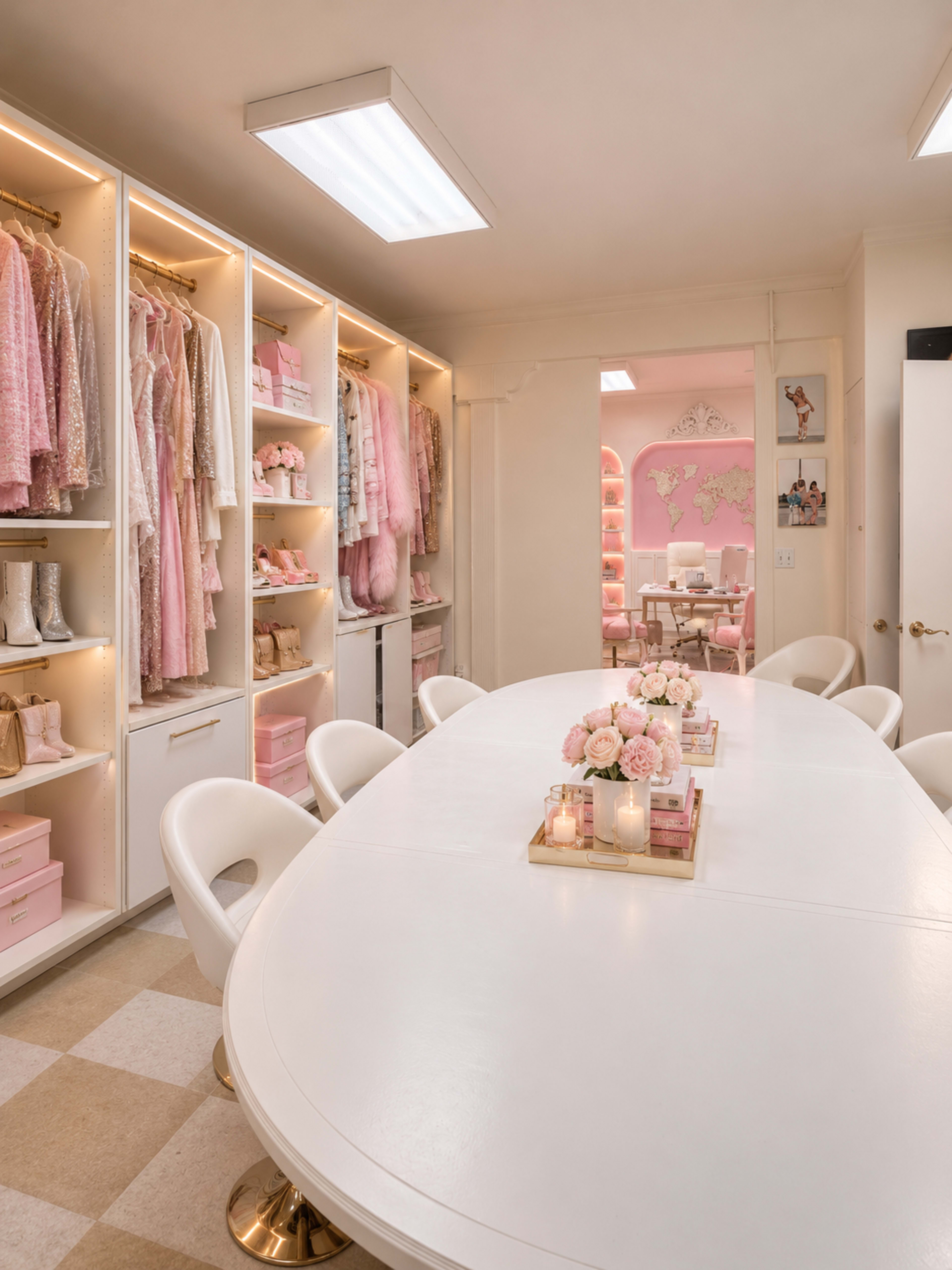 The image shows a bright, elegantly designed room with pink and white decor, featuring a long oval table surrounded by chairs and shelves displaying clothing and accessories.