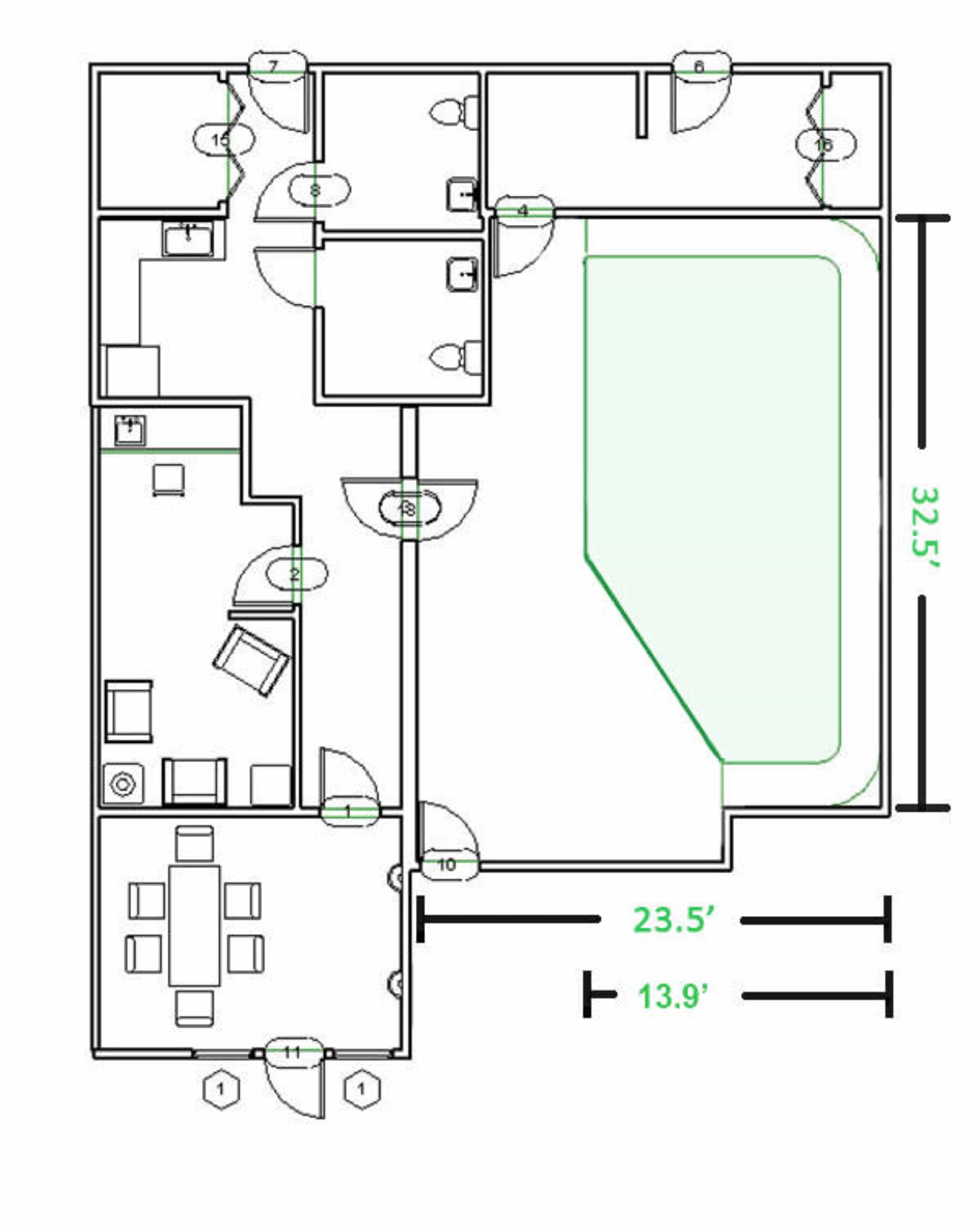 The image shows a floor plan of a building with labeled rooms and dimensions indicating the layout and sizes of various spaces.