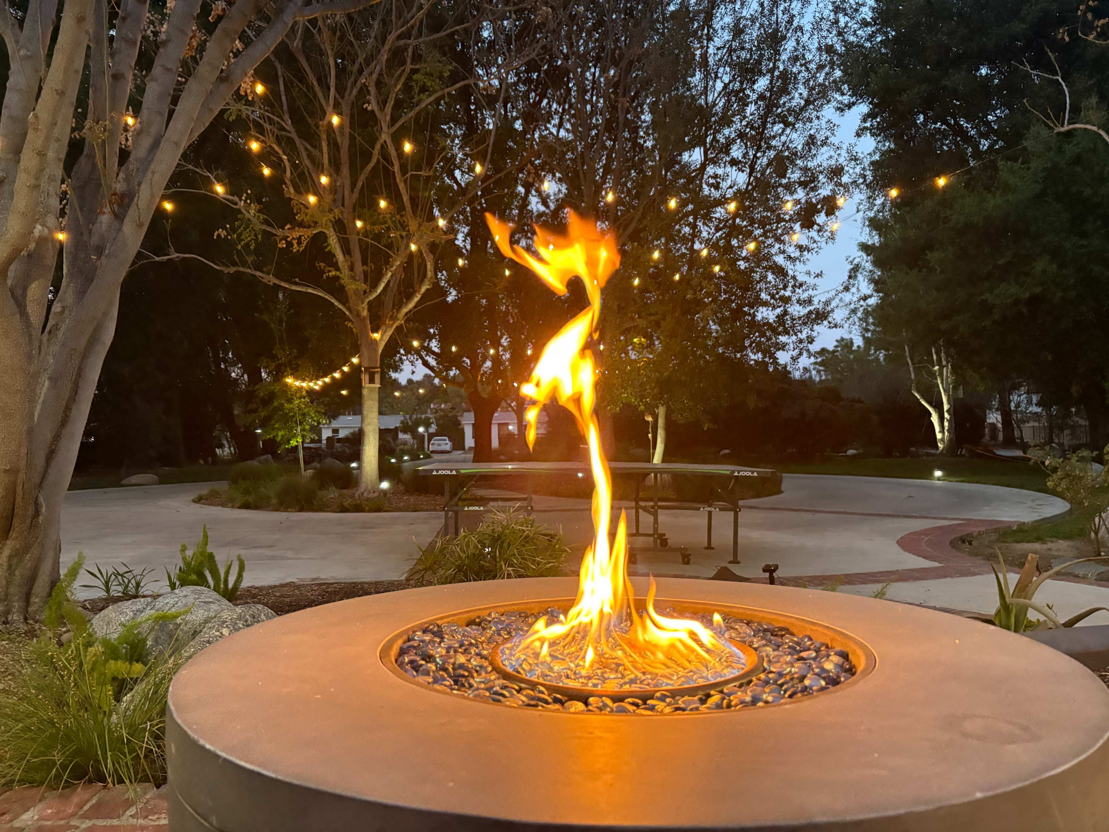 A fire burns brightly in a circular stone fire pit, surrounded by landscaped greenery and string lights in the evening.