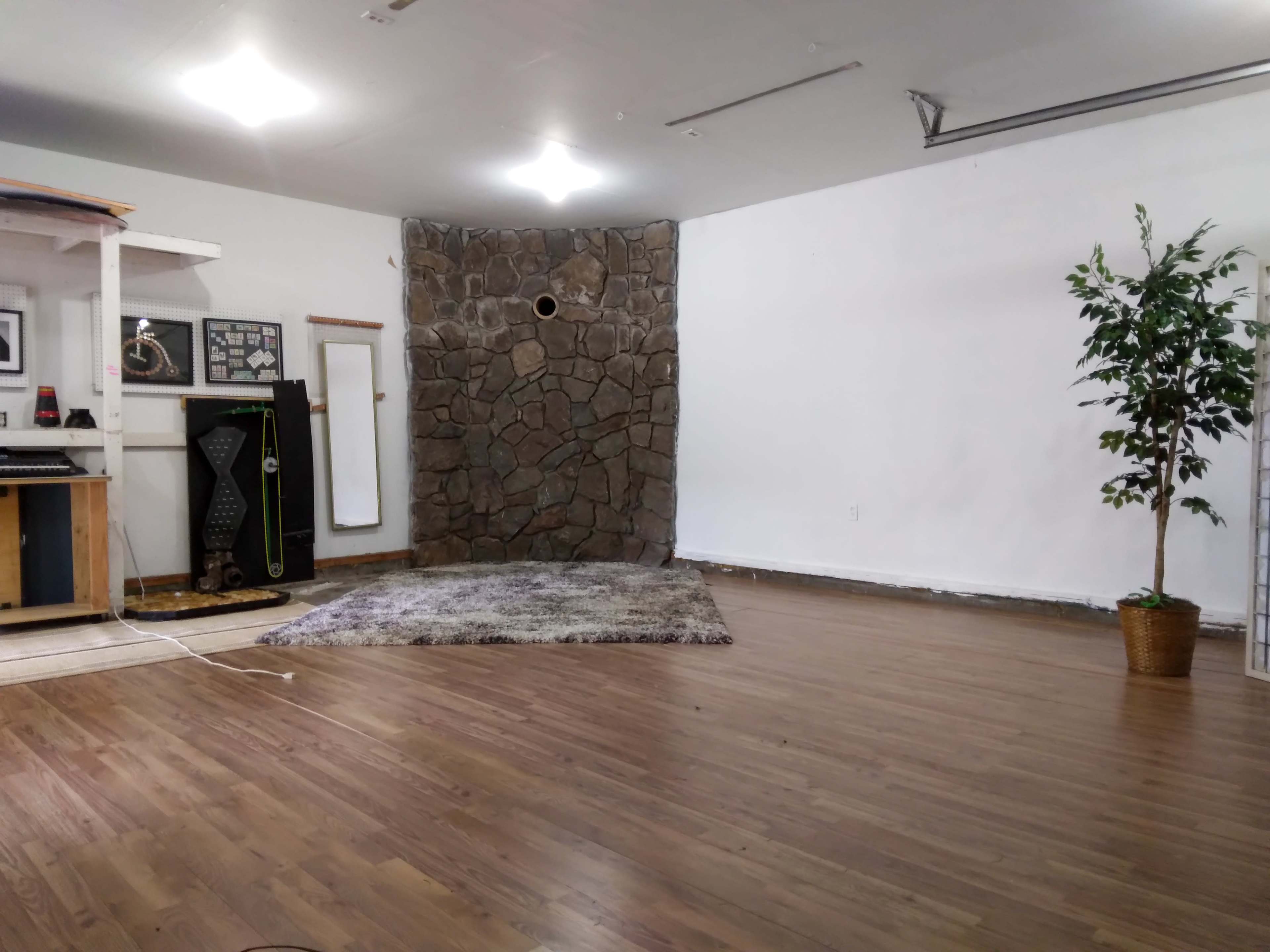 An empty room with wooden flooring, a stone wall, a mirror, and a potted plant.