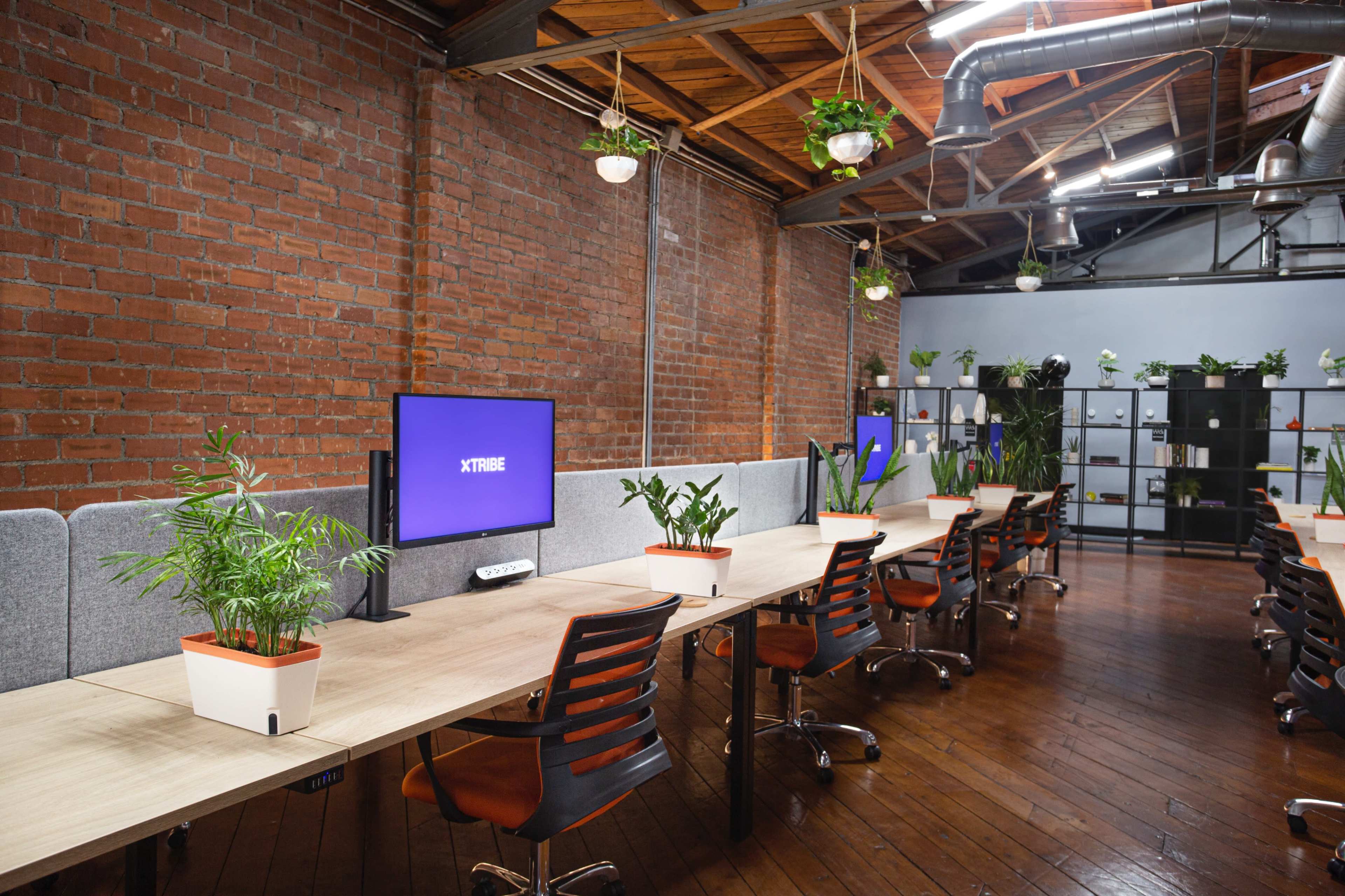 The image shows a modern office space with wooden floors, exposed brick walls, and a row of desks equipped with computer monitors and potted plants.
