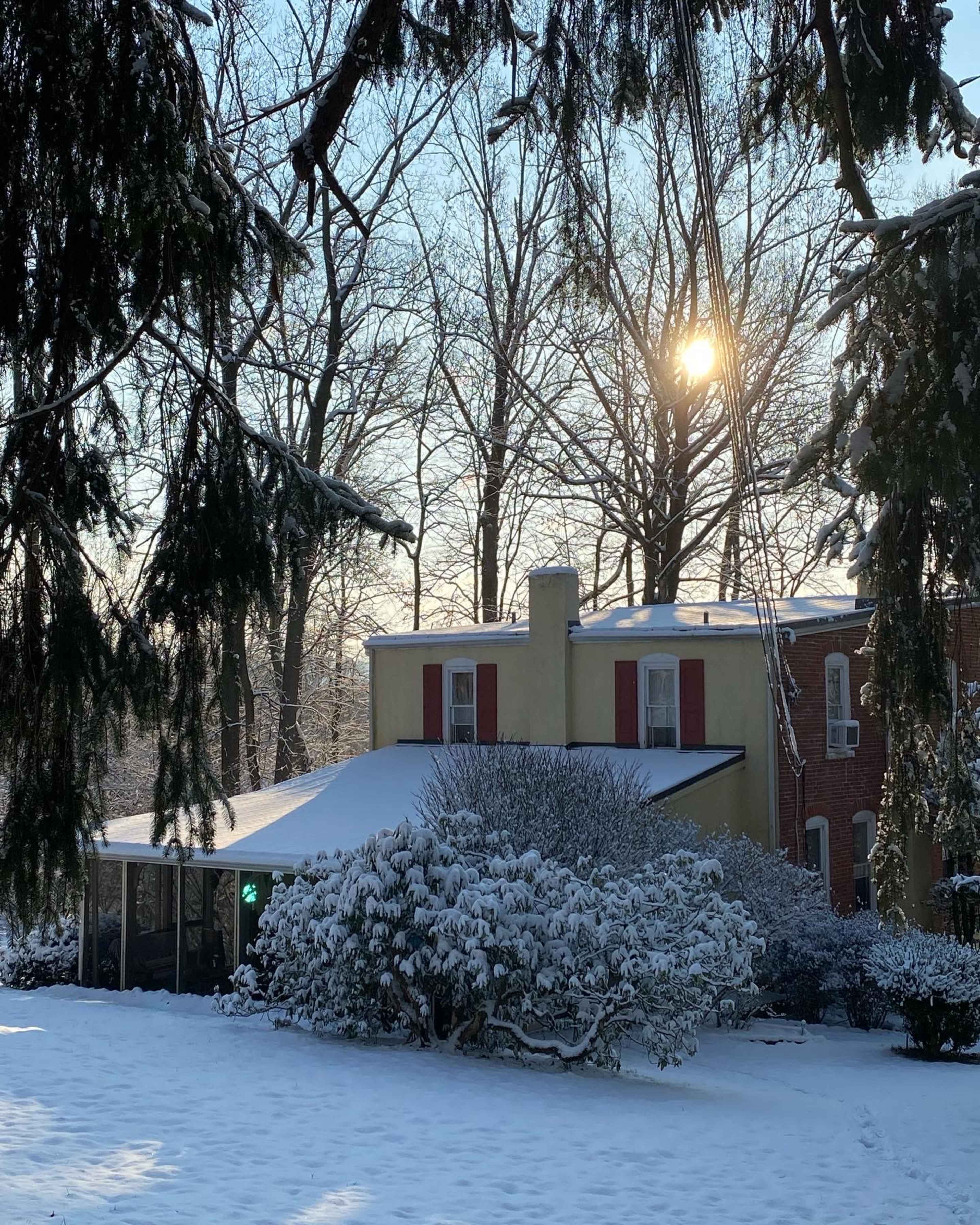 A yellow house with red shutters is partially covered in snow, surrounded by leafless trees and a brightening sky.