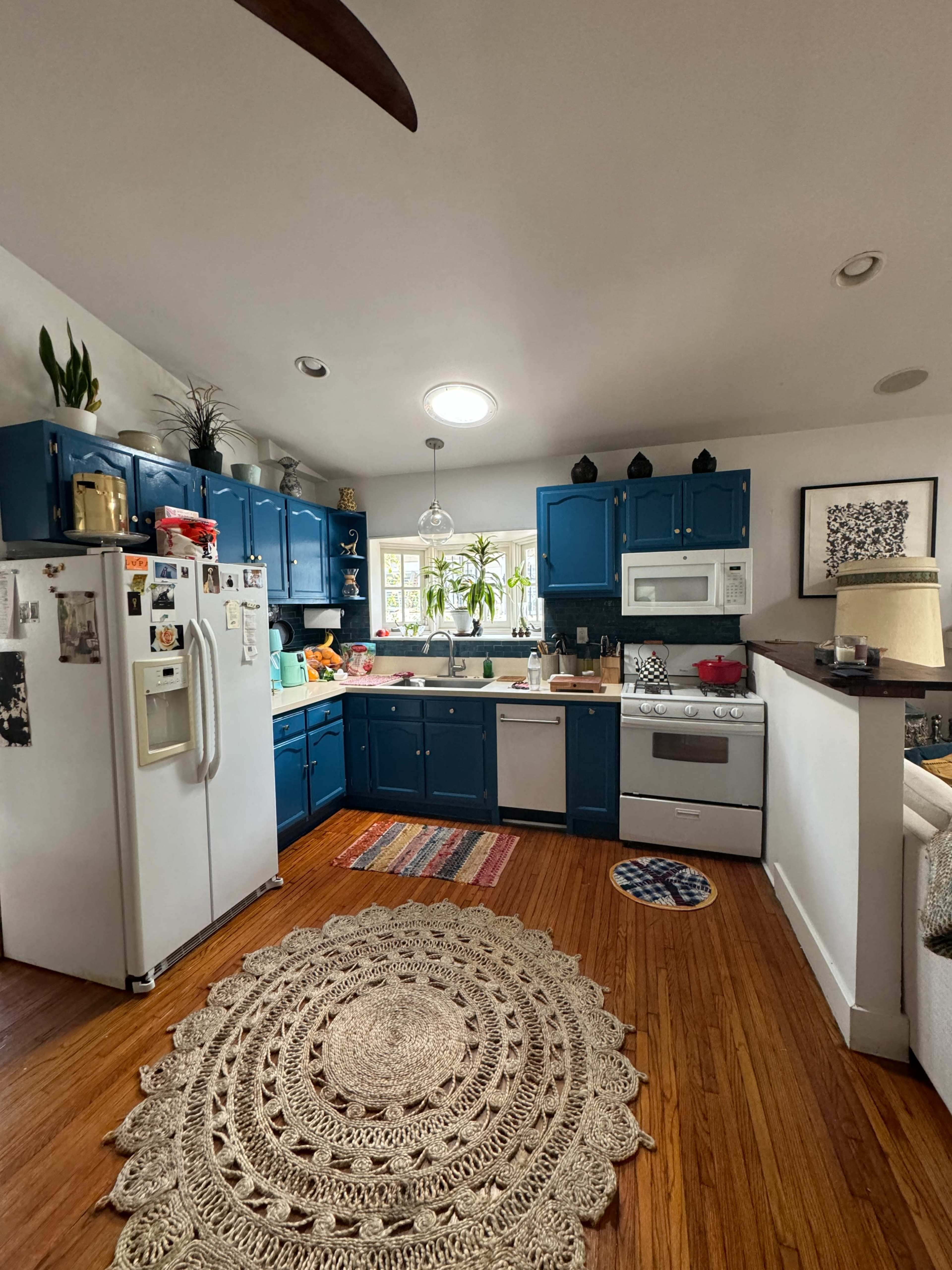 A kitchen features blue cabinetry, a white refrigerator, and a variety of plants on the counter, with a circular rug on the wooden floor.