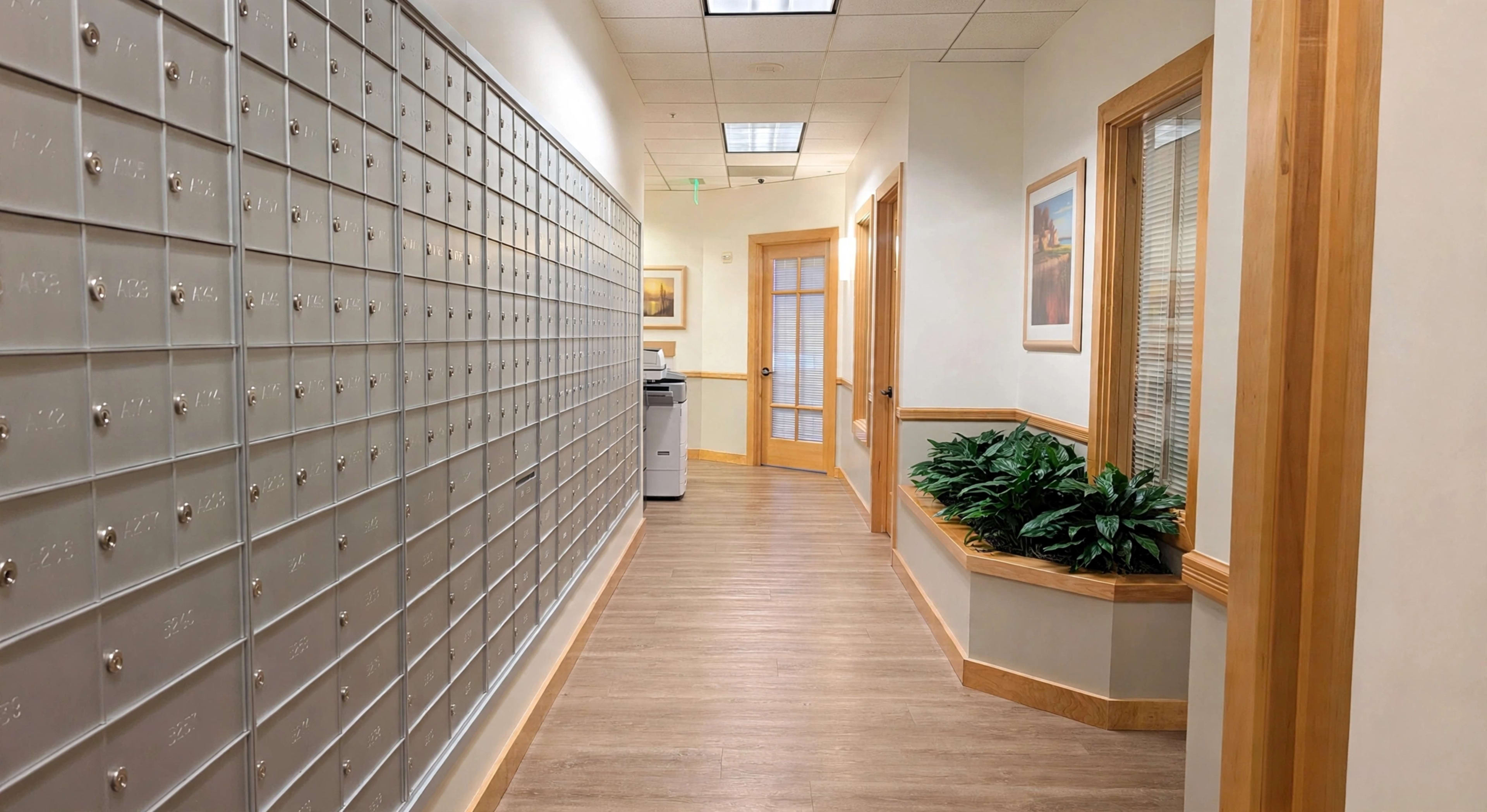The image shows a hallway lined with mailboxes on one side and a small green plant arrangement along the other side, leading to a door at the end.